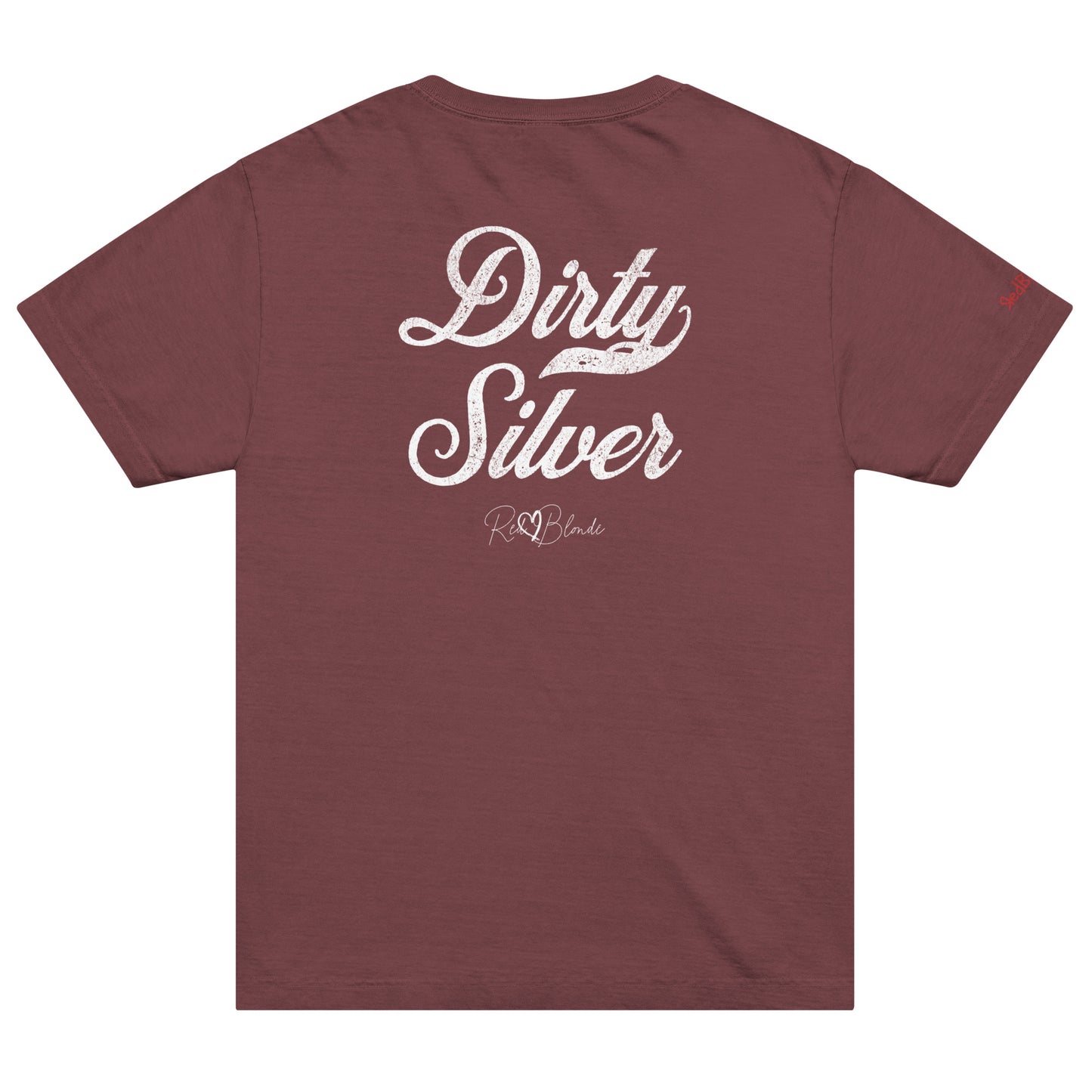Back view of a maroon vintage wash oversized unisex T-shirt with bold black Milkstore 01 vintage-style script reading “Dirty Silver” and the RedBlonde signature logo beneath, plus a small RedBlonde logo detail on the right sleeve. 