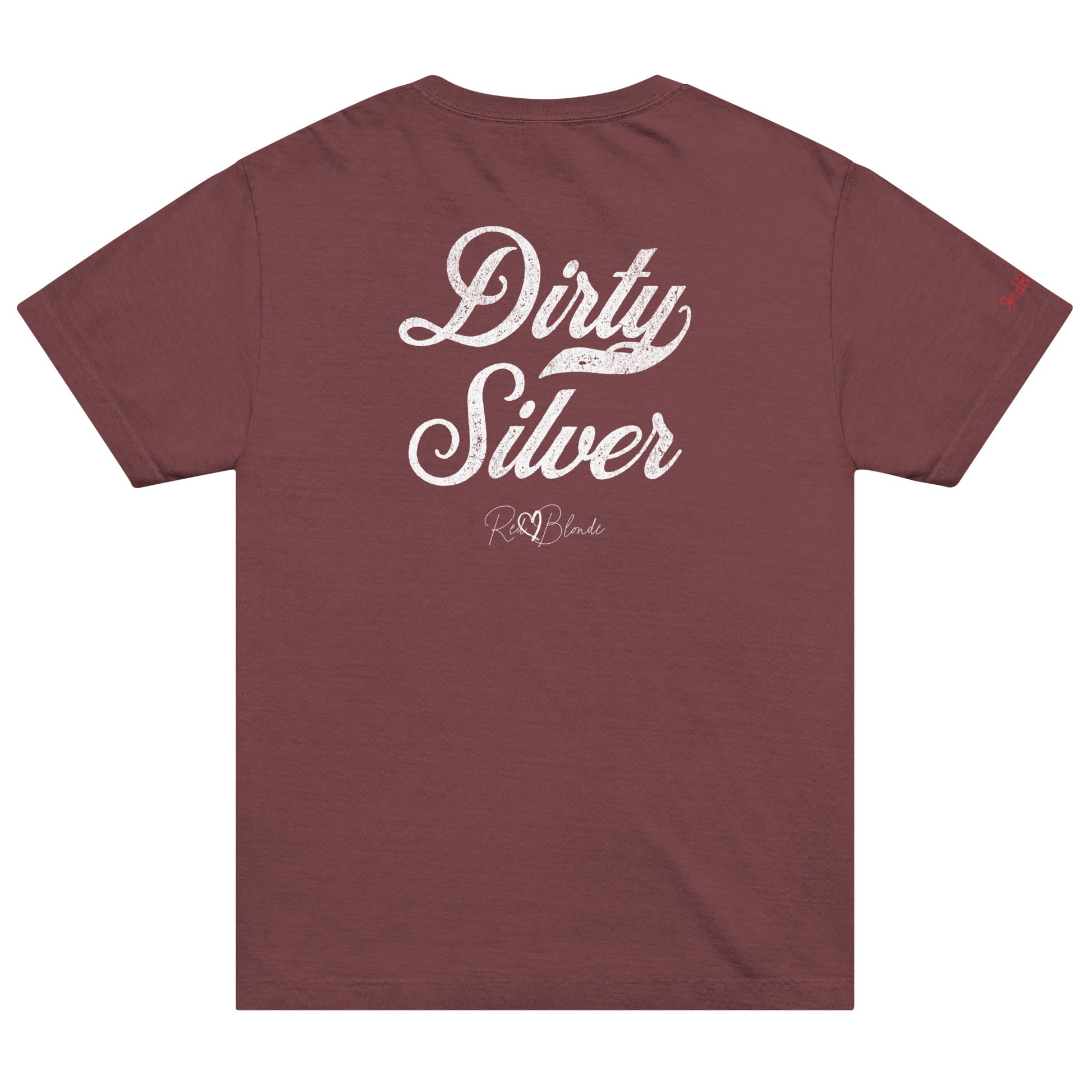 Back view of a maroon vintage wash oversized unisex T-shirt with bold black Milkstore 01 vintage-style script reading “Dirty Silver” and the RedBlonde signature logo beneath, plus a small RedBlonde logo detail on the right sleeve. 