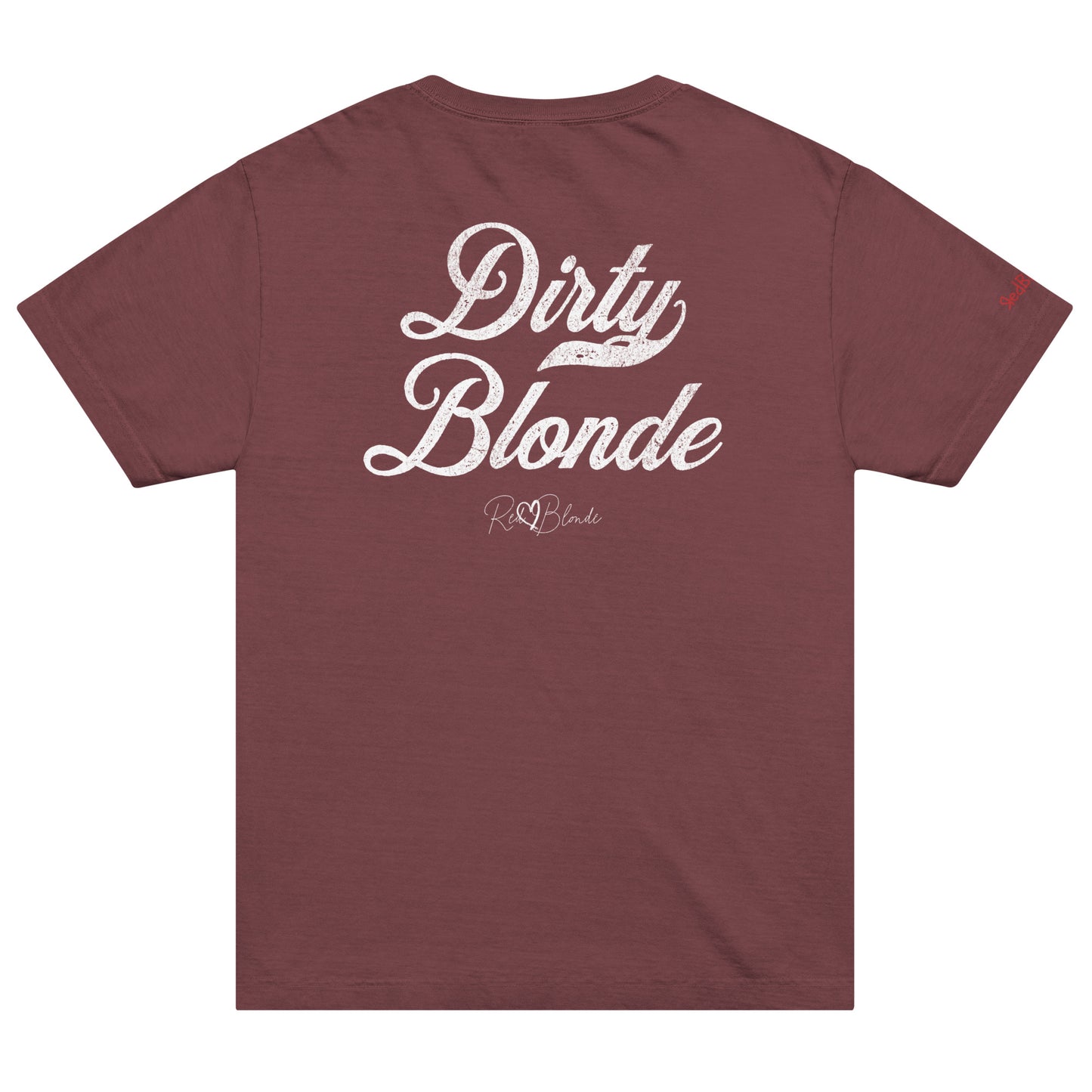 Back view of a maroon denim oversized unisex T-shirt with bold black Milkstore 01 vintage-style script reading “Dirty Blonde” and the RedBlonde signature logo beneath, plus a small RedBlonde logo detail on the right sleeve.