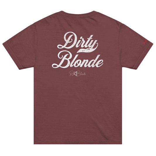 Back view of a maroon denim oversized unisex T-shirt with bold black Milkstore 01 vintage-style script reading “Dirty Blonde” and the RedBlonde signature logo beneath, plus a small RedBlonde logo detail on the right sleeve.