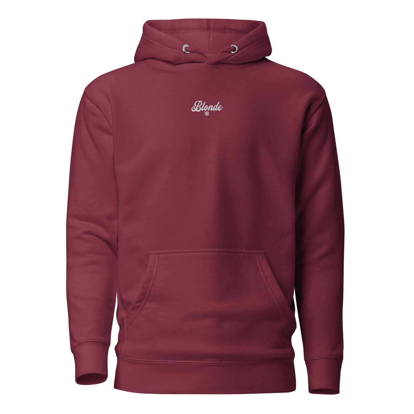 A maroon unisex pullover hoodie with a large back graphic design. The font features 'BLONDE' in Milkstore font. The print features a bold white star with a swoosh around it and the words “SUPERSTAR BLONDE” in white and red retro-style Monsierrat and Molle lettering. The design also includes a small signature logo “R & B Blonde” underneath. Branded RedBlonde on inside neck and right sleeve