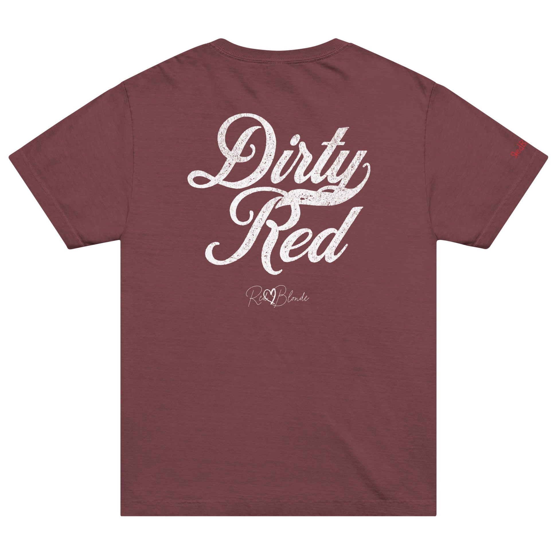 Back view of a maroon vintage wash oversized unisex T-shirt with bold white Milkstore 01 vintage-style script reading “Dirty Red” and the RedBlonde signature logo beneath, plus a small RedBlonde logo detail on the right sleeve. 