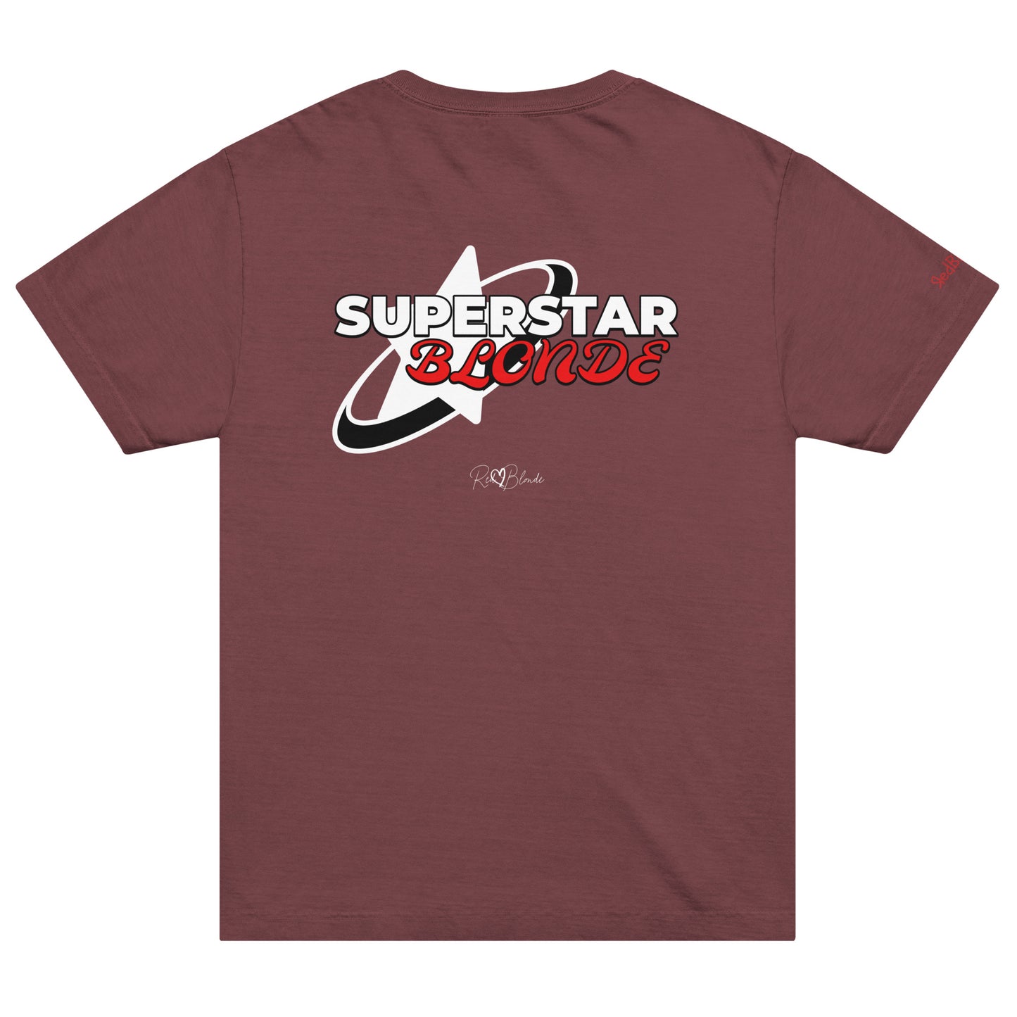 Back view of a vintage maroon oversized unisex T-shirt with bold black and red graphic Monserrat and Molle text “SUPERSTAR BLONDE” over a large black star and orbit design, featuring the RedBlonde signature logo below. Branded RedBlonde in red and on the right sleeve.
