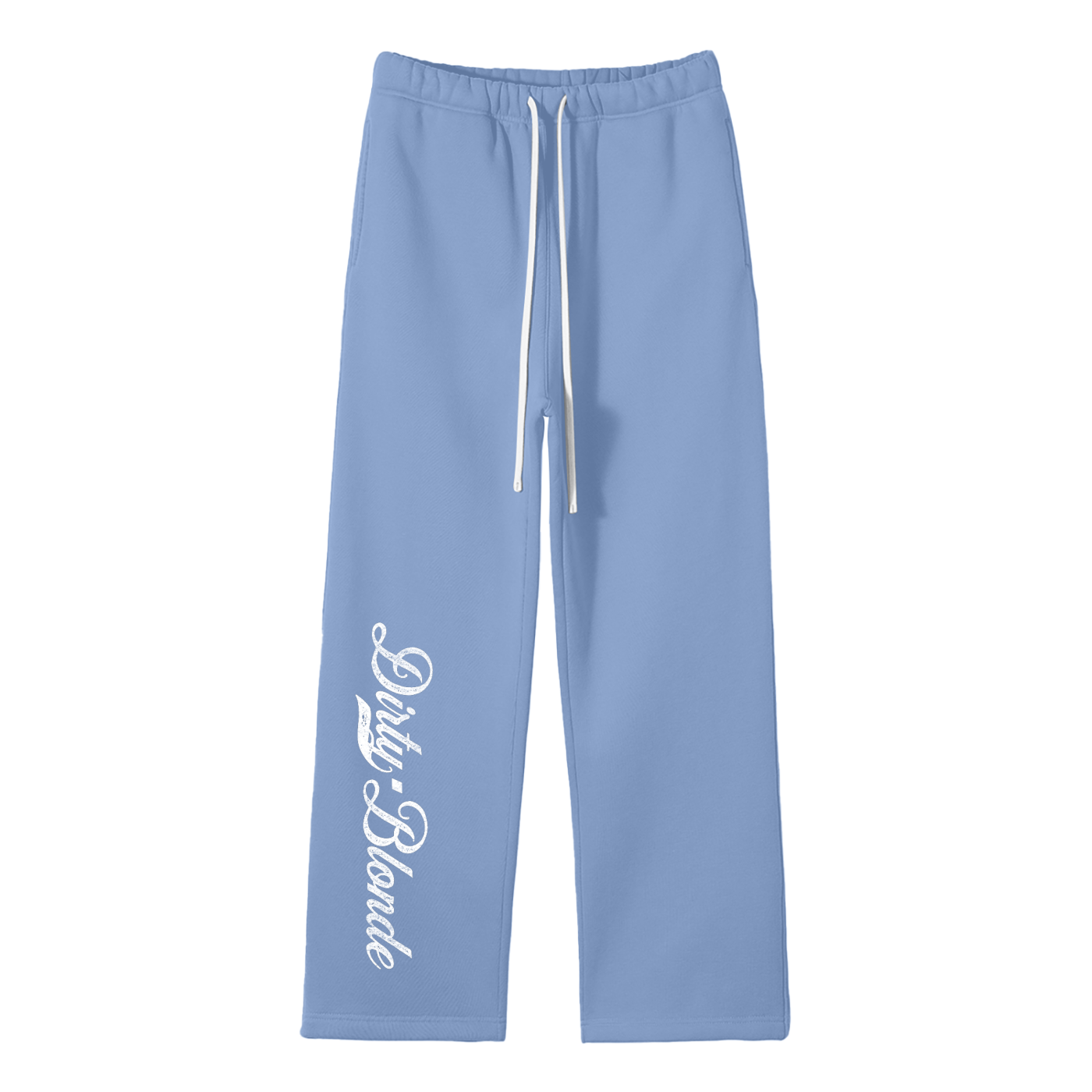 Medium blue relaxed-fit straight joggers with white drawstrings and vintage-style “Dirty Blonde” milkstore script printed vertically down the leg — bold, effortless and unmistakably RedBlonde.