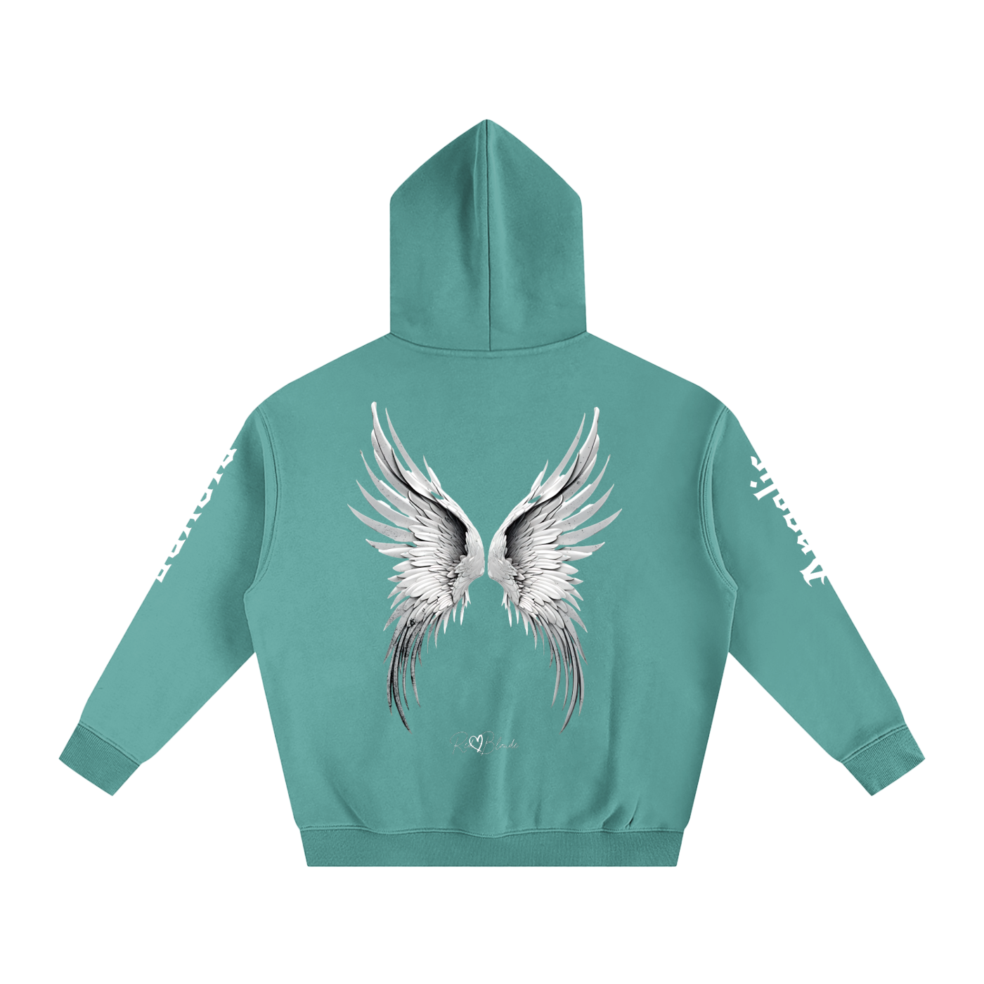 Back view of a medium green hoodie featuring large silver angel wings printed across the back, with black RedBlonde signature logo underneath. Each sleeve features gothic New Rockstar font graphic text  one sleeve says 'Angelic' and the other 'Blonde' 