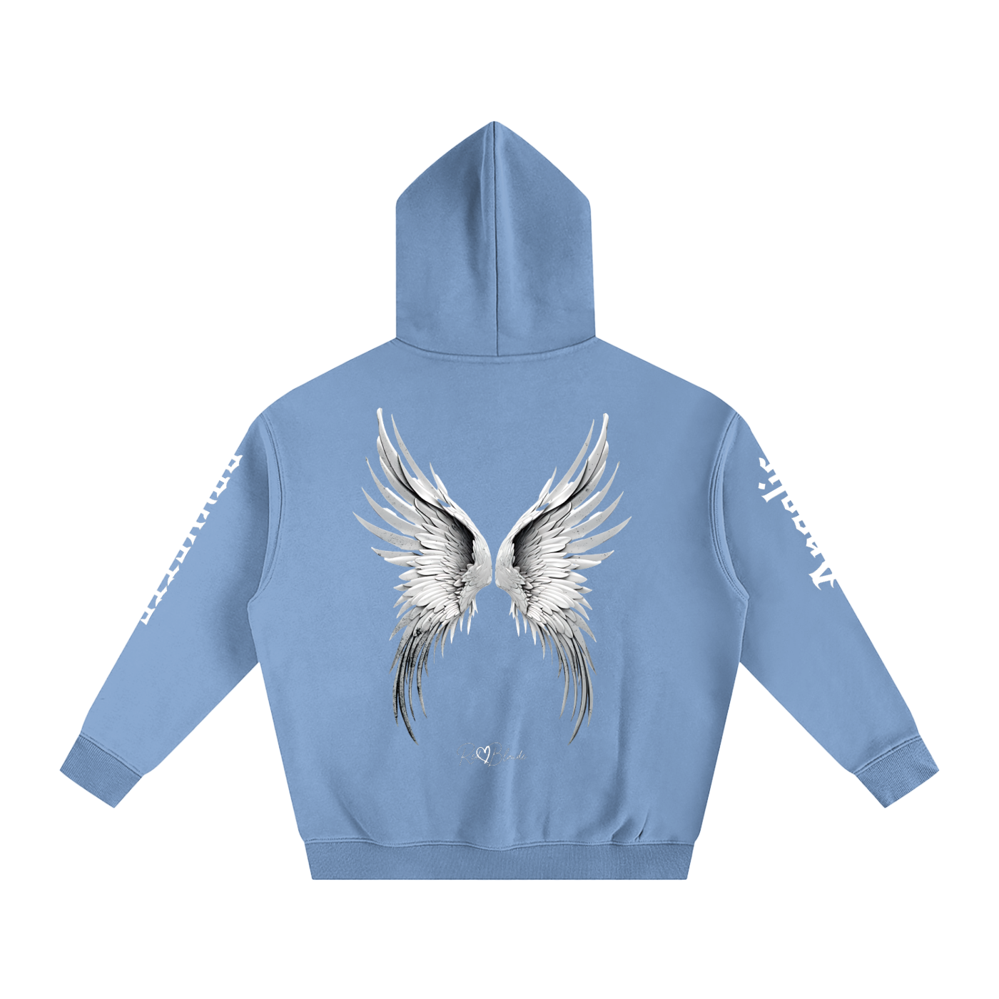 Back view of a mid blue hoodie featuring large silver angel wings printed across the back, with white RedBlonde signature logo underneath. Each sleeve features gothic New Rockstar font graphic text  one sleeve says 'Angelic' and the other 'Brunette' 