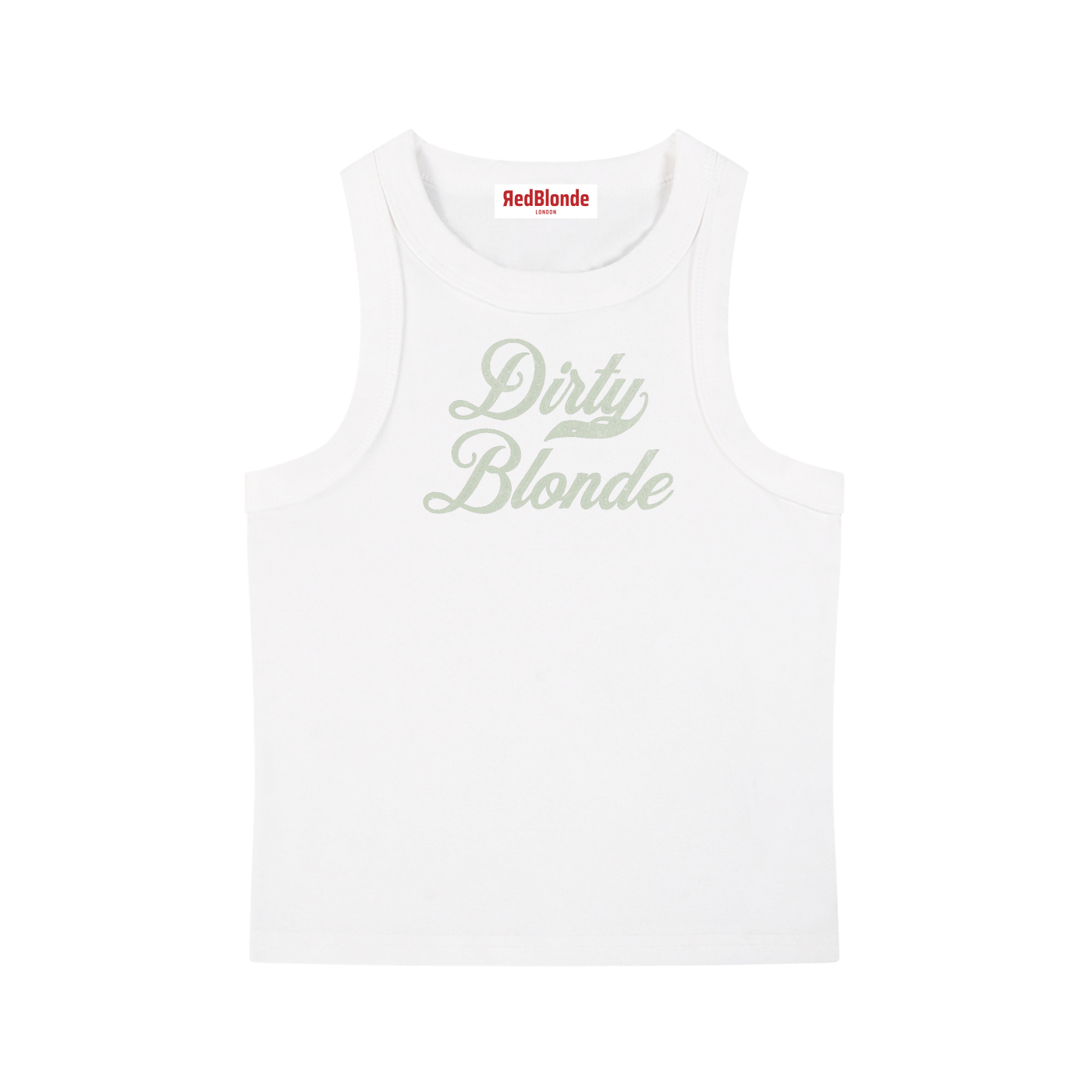white snow-wash tank top with raw-edge seams and the phrase ‘Dirty Blonde’ printed in vintage Milkstore aqua mint font across the chest, featuring the RedBlonde logo underneath