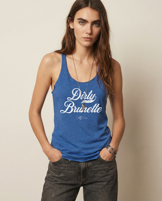 model wears a vintage royal women's racerback tank with the playful slogan ‘Dirty Brunette' in white milk-store font, signed off RedBlonde. Branded RedBlonde London in red on the reverse