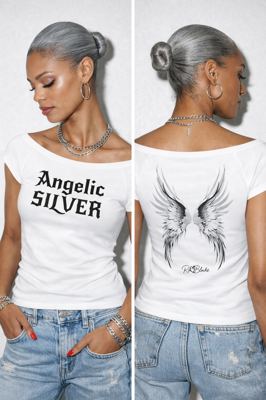 models wears white wide-neck t-shirt with white gothic New Rockstar text reading “Angelic Silver” across the chest.