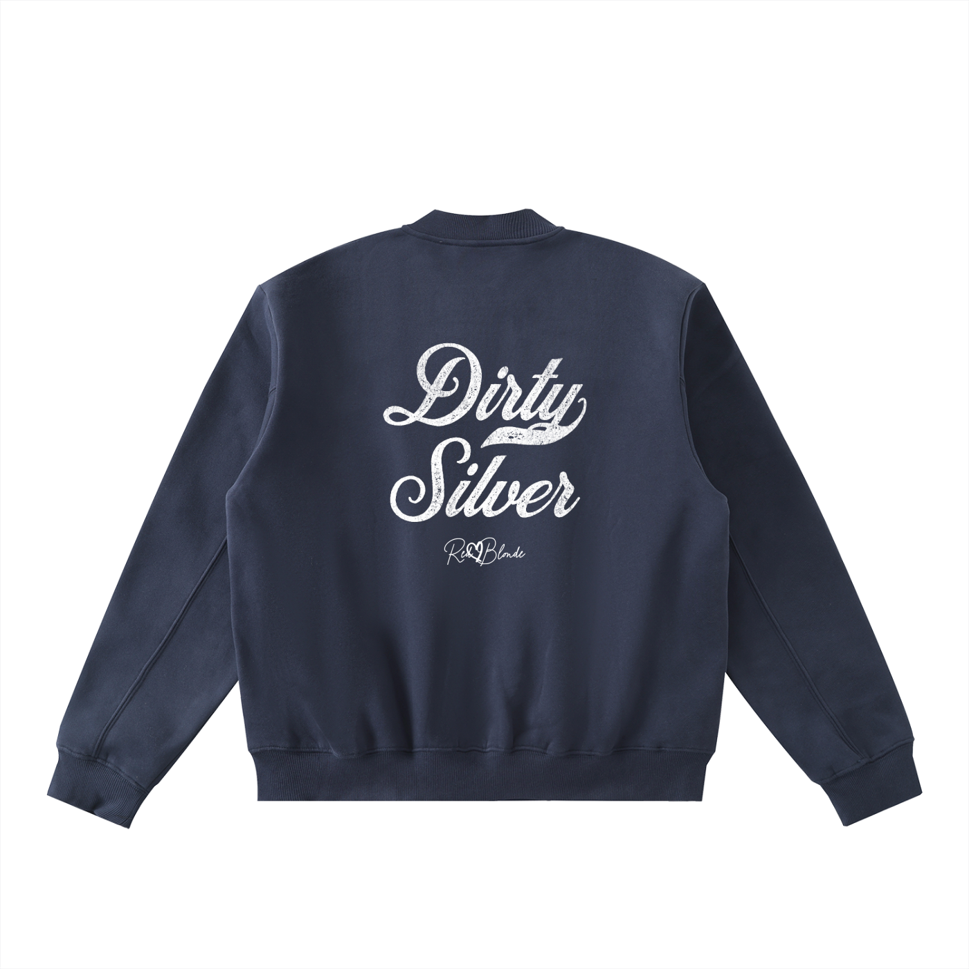 The back of a navy crew neck zip up varsity jacket  laid flat on a white background. It has ribbed cuffs, collar, and hem. Large white Milkstore 01 script text across the back reads “Dirty Silver,” with a small cursive RedBlonde logo beneath.