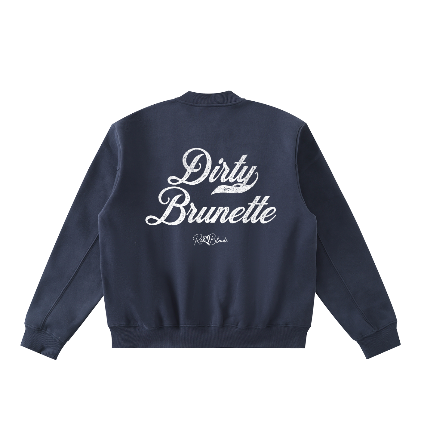 The back of a navycrewneck zip up varsity jacket  laid flat on a white background. It has ribbed cuffs, collar, and hem. Large white Milkstore 01 script text across the back reads “Dirty Brunette,” with a small cursive RedBlonde logo beneath.