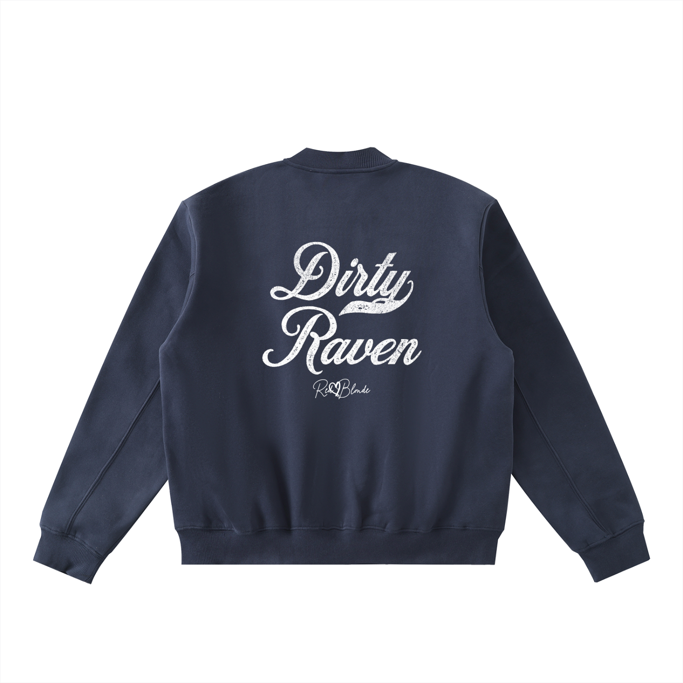 The back of a navy crewneck zip up varsity jacket  laid flat on a white background. It has ribbed cuffs, collar, and hem. Large black Milkstore 01 script text across the back reads “Dirty Raven,” with a small cursive RedBlonde logo beneath.