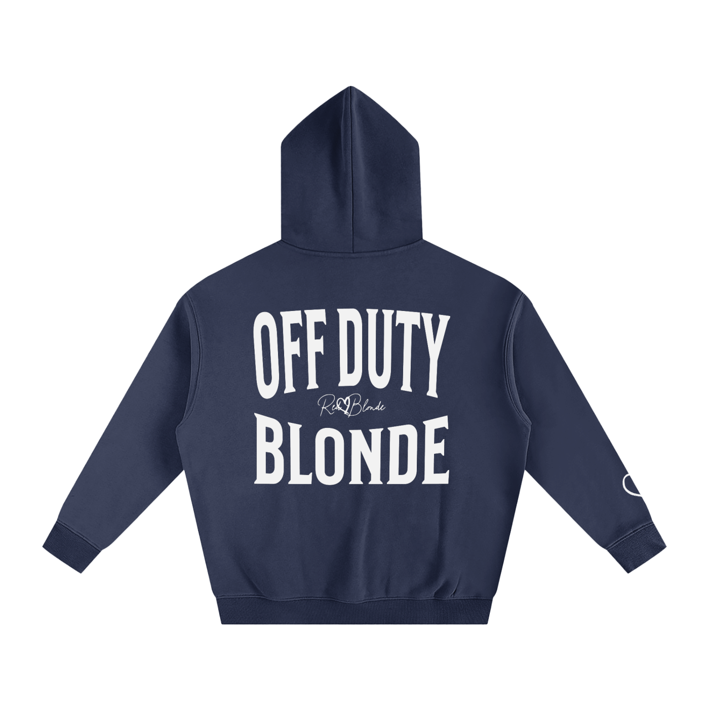 Navy hoodie, back view, with large white ‘OFF DUTY BLONDE’ Brookfield text print and small RedBlonde  signature logo beneath.