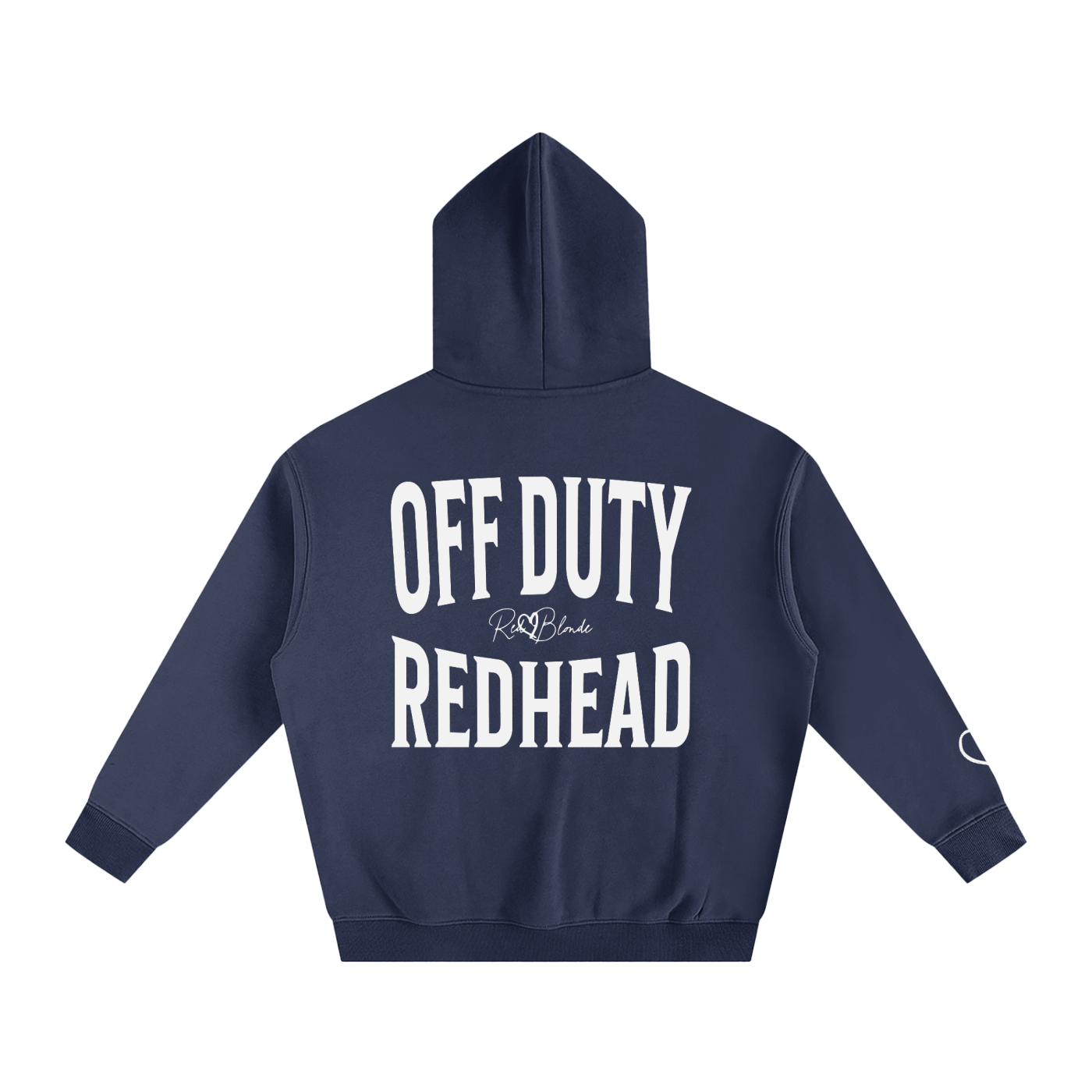 Navy blue hoodie, back view, with large white ‘OFF DUTY REDHEAD’ Brookfield text print and small RedBlonde  signature logo beneath.
