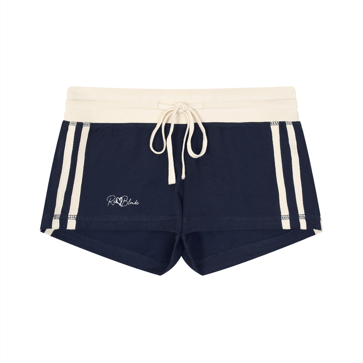 Navy retro track shorts with a cream ribbed waistband, cream drawstring, double cream side stripes, and a small RedBlonde logo on the front.
