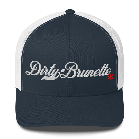 navy/white trucker cap with 'Dirty Brunette' in white milkstore font. Branded RB in Red