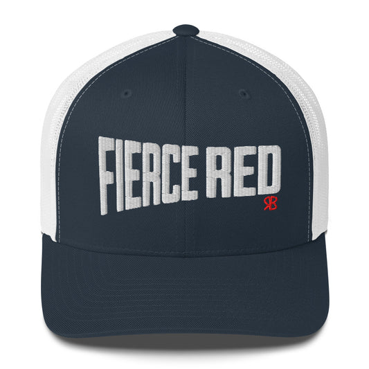 navy/white retro trucker cap with bold white embroidered text “Fierce Red” across the front, featuring a small red RB logo on the side.