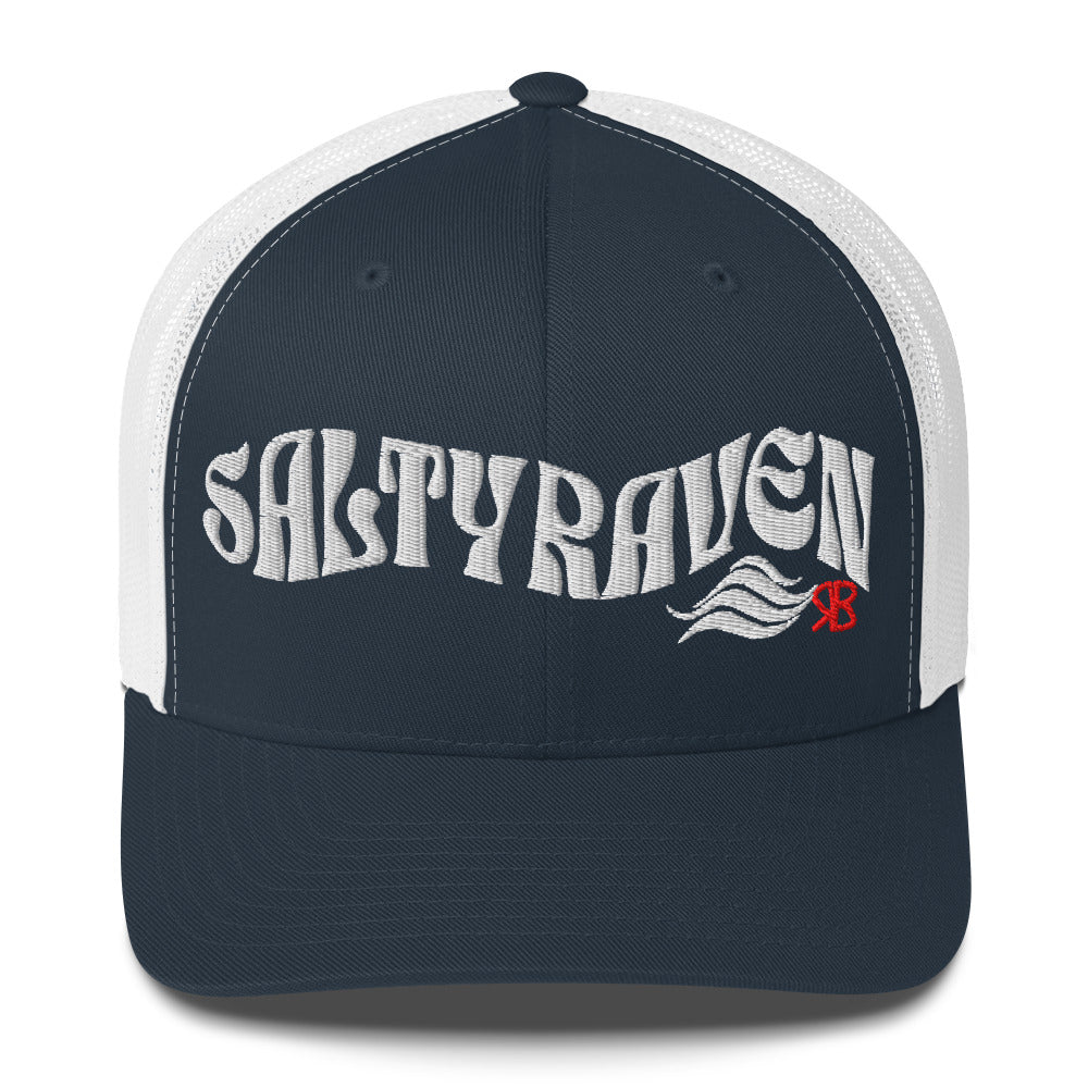 navy/white trucker cap with 'Salty Raven' in white Solino display font. Branded RB in red