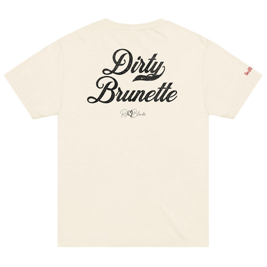 Back view of a off-white vintage wash oversized unisex T-shirt with bold white Milkstore 01 vintage-style script reading “Dirty Brunette” and the RedBlonde signature logo beneath, plus a small RedBlonde logo detail on the right sleeve. 