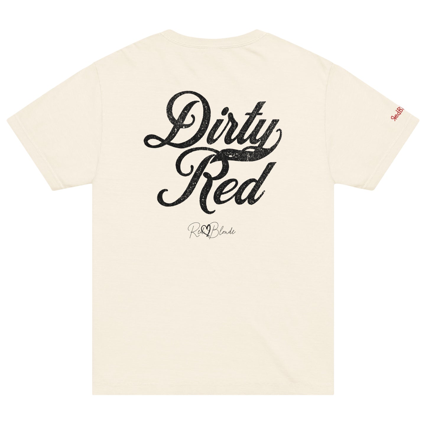 Back view of a off-white vintage wash oversized unisex T-shirt with bold black Milkstore 01 vintage-style script reading “Dirty Red” and the RedBlonde signature logo beneath, plus a small RedBlonde logo detail on the right sleeve. 