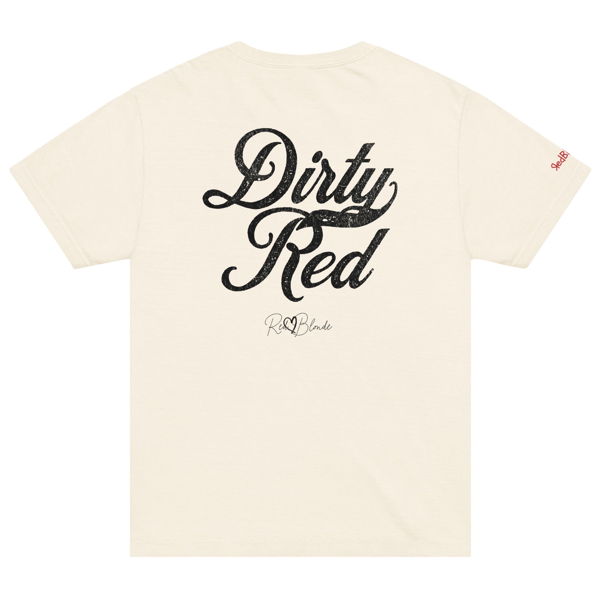 Back view of a off-white vintage wash oversized unisex T-shirt with bold black Milkstore 01 vintage-style script reading “Dirty Red” and the RedBlonde signature logo beneath, plus a small RedBlonde logo detail on the right sleeve. 