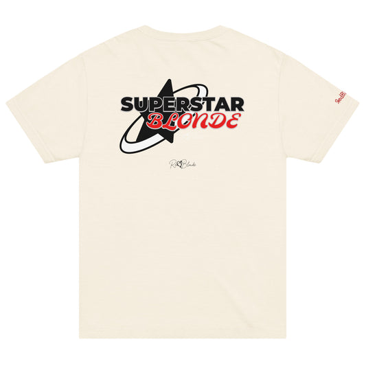 Back view of a vintage off-white oversized unisex T-shirt with bold black and red graphic Monserrat and Molle text “SUPERSTAR BLONDE” over a large black star and orbit design, featuring the RedBlonde signature logo below. Branded RedBlonde in red and on the right sleeve.