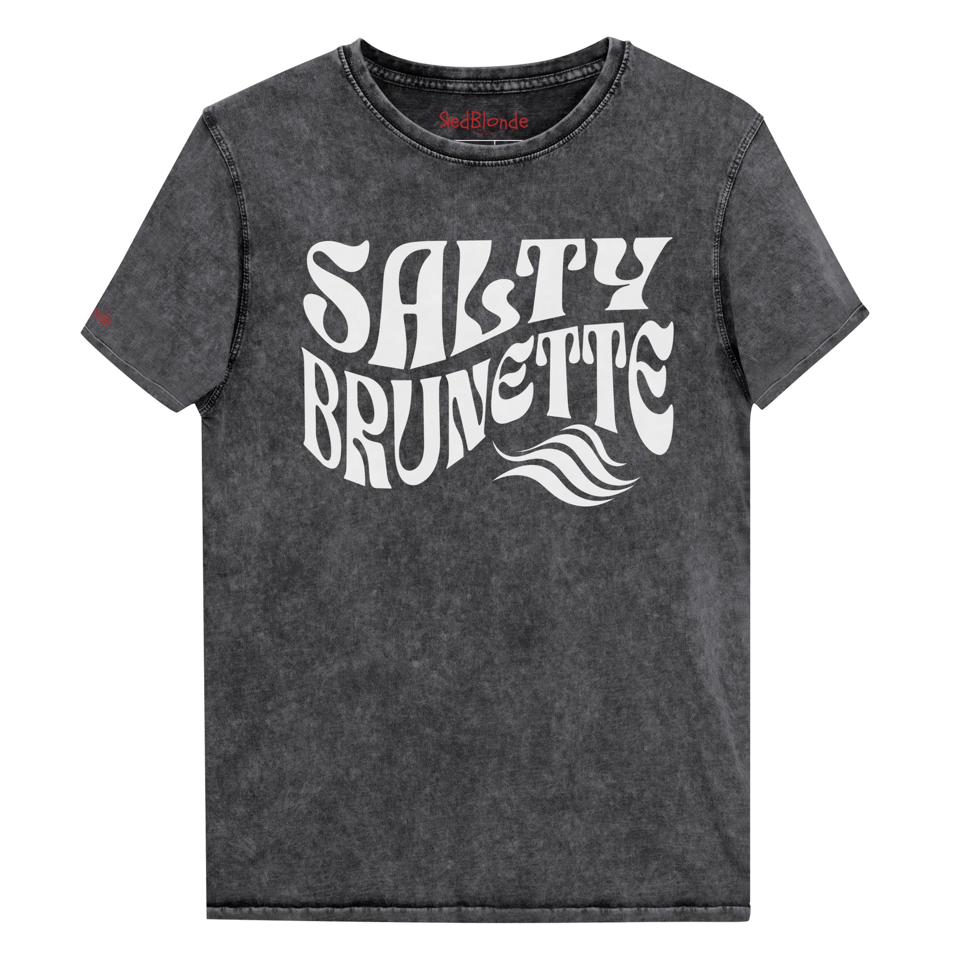 flatlay of soft black denim wash vintage  graphic t-shirt with the slogan 'Salty Brunette' in white retro 70s font. Branded RedBlonde in inside neck and right sleeve