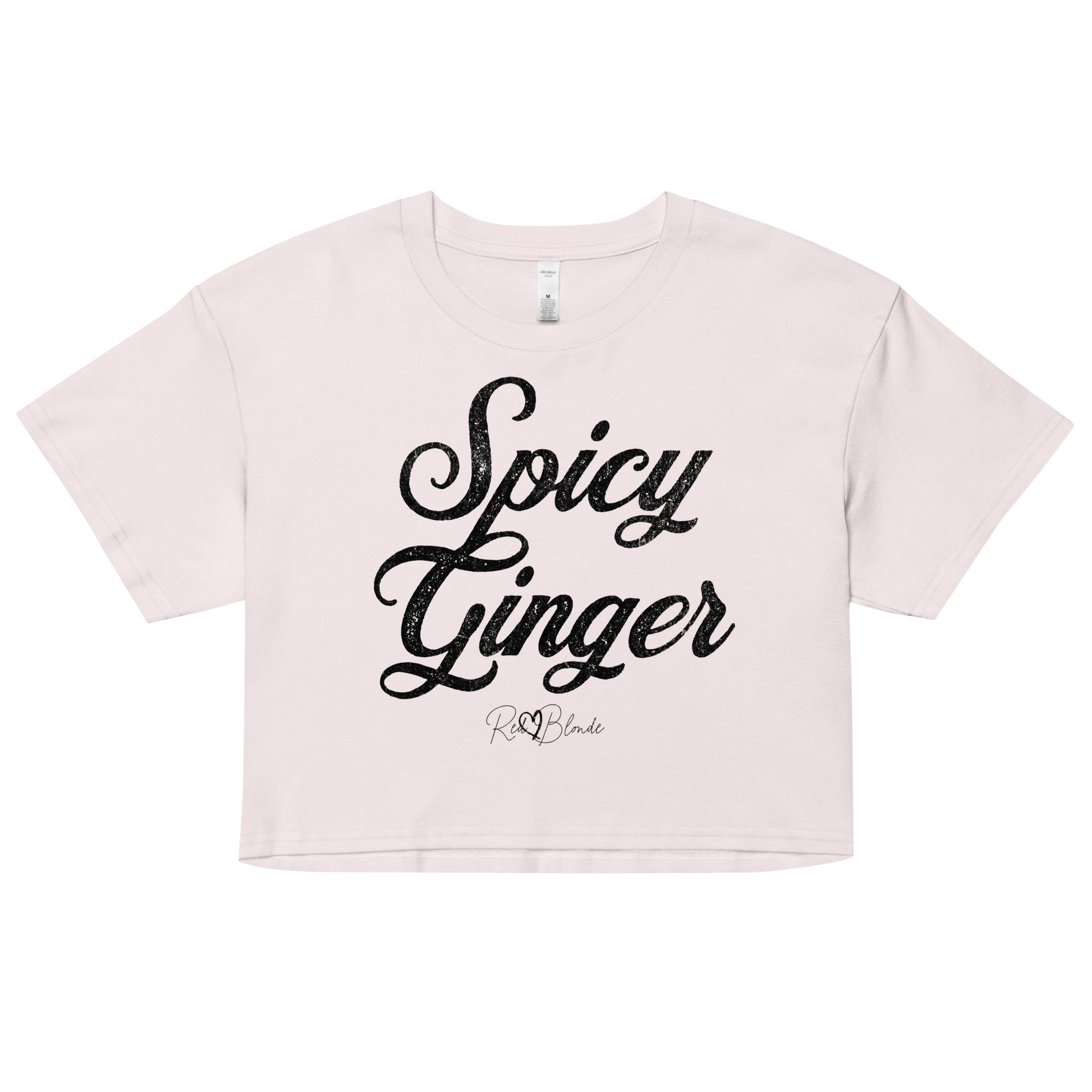 orchid crop top with the playful slogan ‘Spicy Ginger’ in black milk-store font, signed off RedBlonde. Branded RedBlonde London in red on the reverse