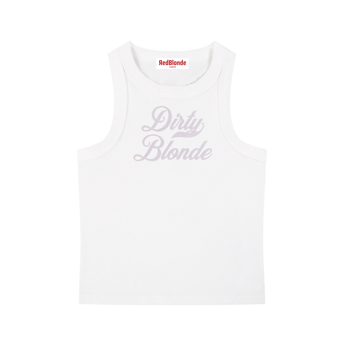 white snow-wash tank top with raw-edge seams and the phrase ‘Dirty Blonde’ printed in vintage Milkstore orchidfont across the chest
