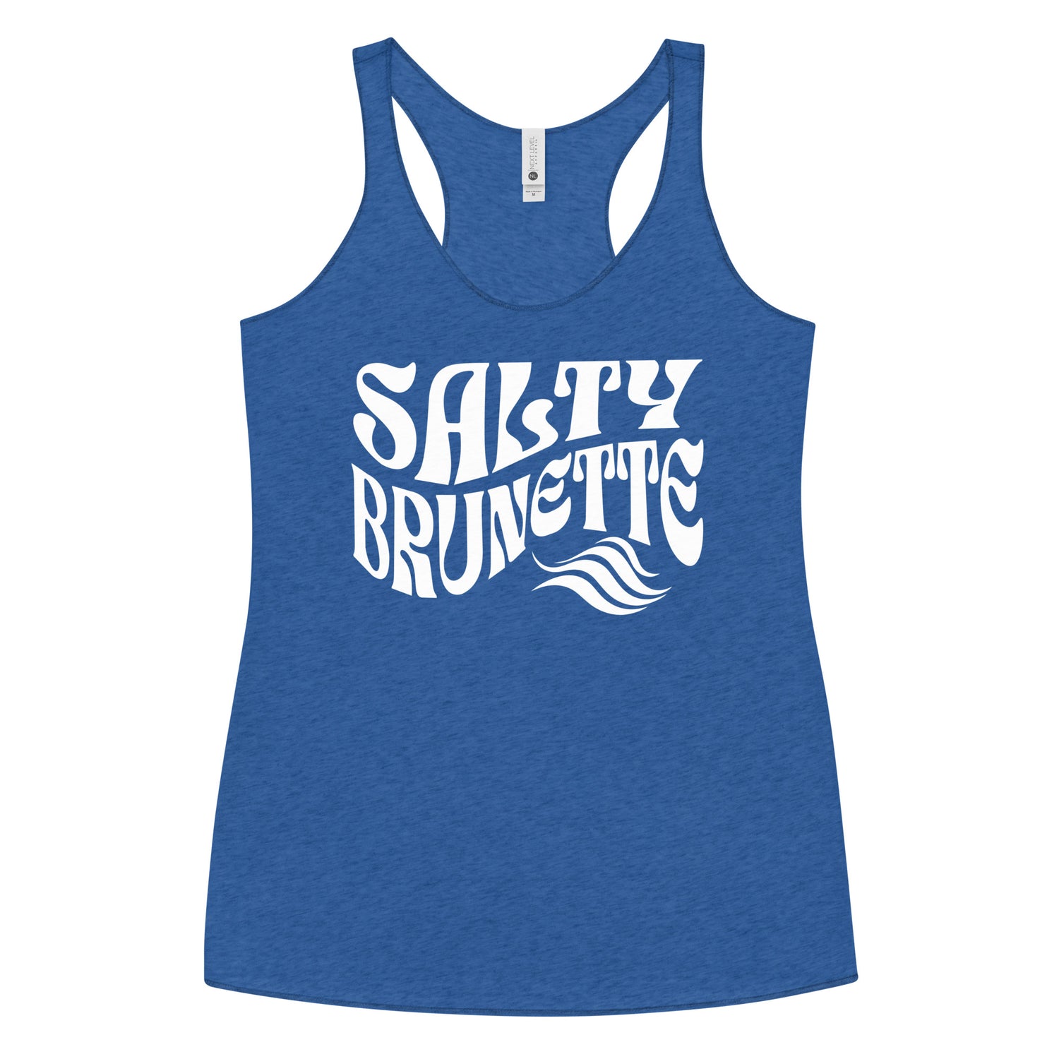 Flatlay of a royal blue soft racerback tank t-shirt with 'Salty Brunette' play on words slogan in white retro 70s font.  Branded RedBlonde London on reverse