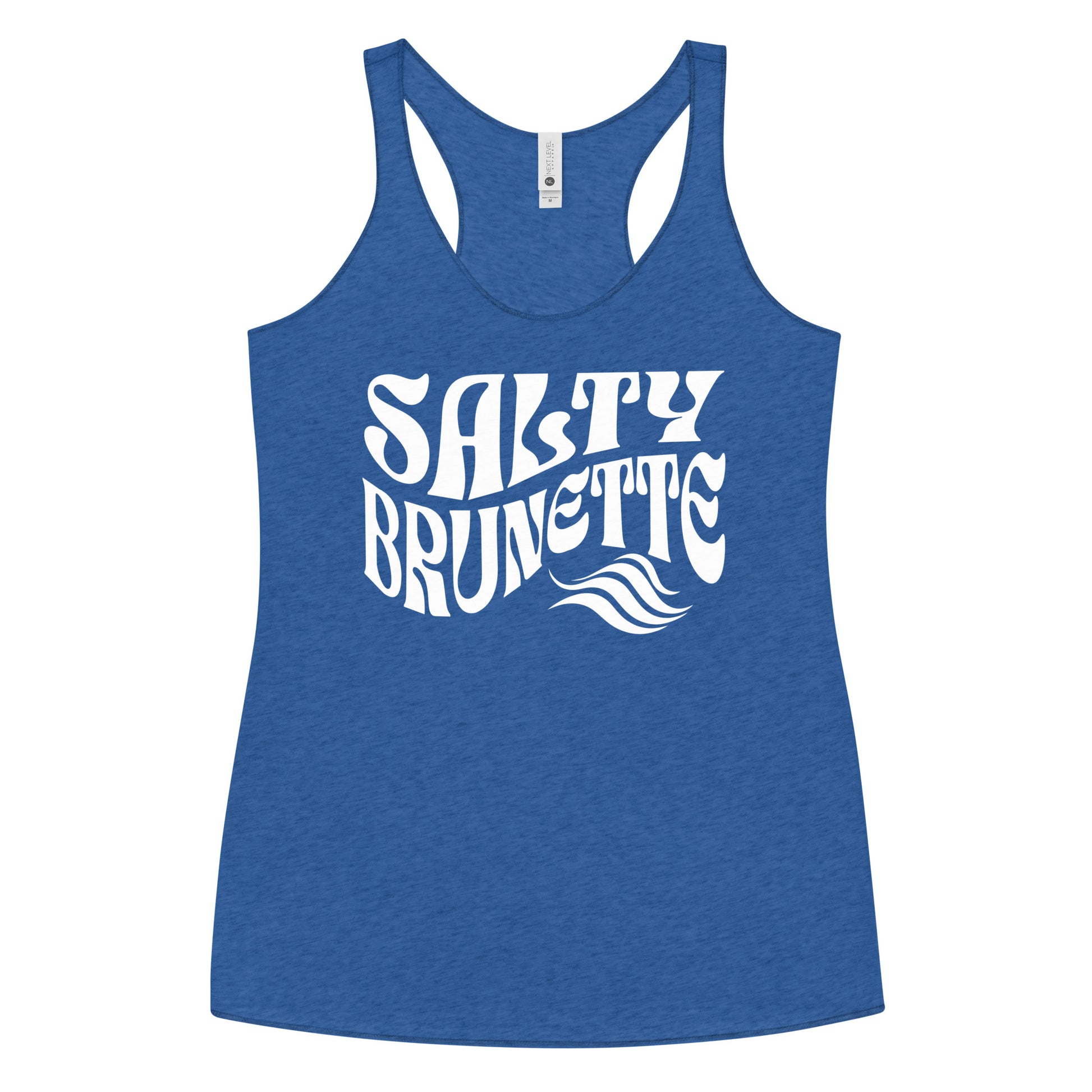 Flatlay of a royal blue soft racerback tank t-shirt with 'Salty Brunette' play on words slogan in white retro 70s font.  Branded RedBlonde London on reverse