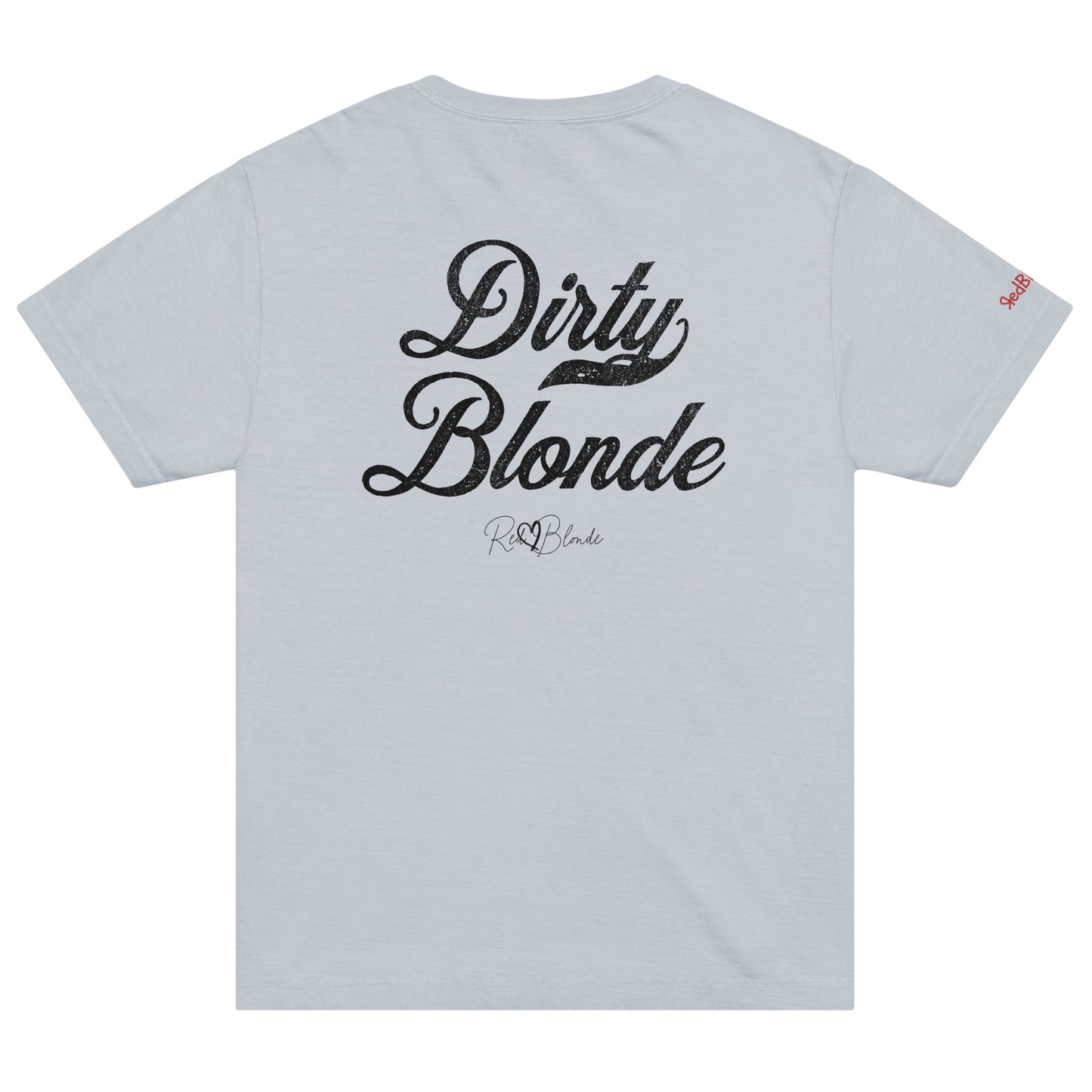 Back view of a pale blue vintage washed oversized unisex T-shirt with bold black Milkstore 01 vintage-style script reading “Dirty Blonde” and the RedBlonde signature logo beneath, plus a small RedBlonde logo detail on the right sleeve.