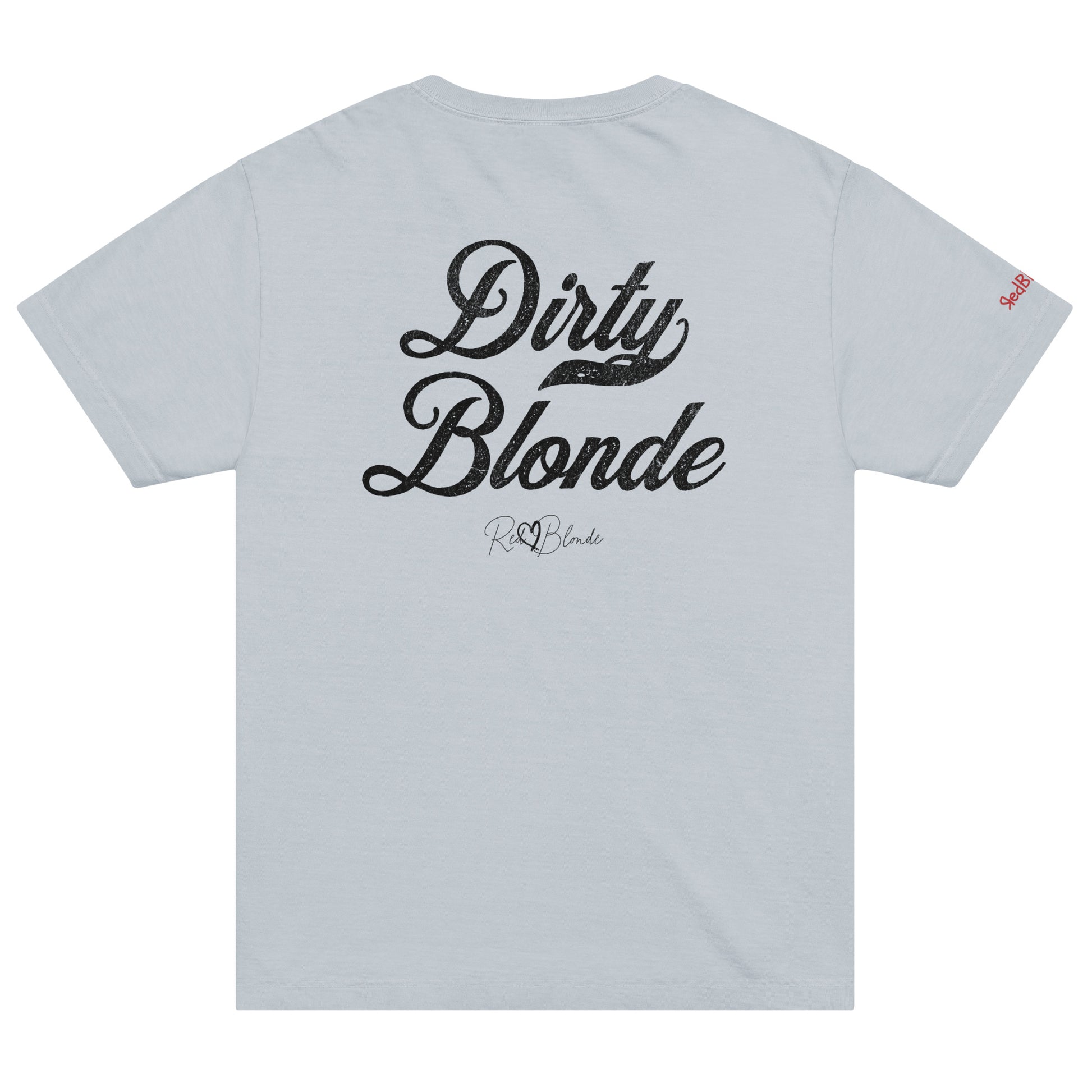 Back view of a pale blue vintage washed oversized unisex T-shirt with bold black Milkstore 01 vintage-style script reading “Dirty Blonde” and the RedBlonde signature logo beneath, plus a small RedBlonde logo detail on the right sleeve.