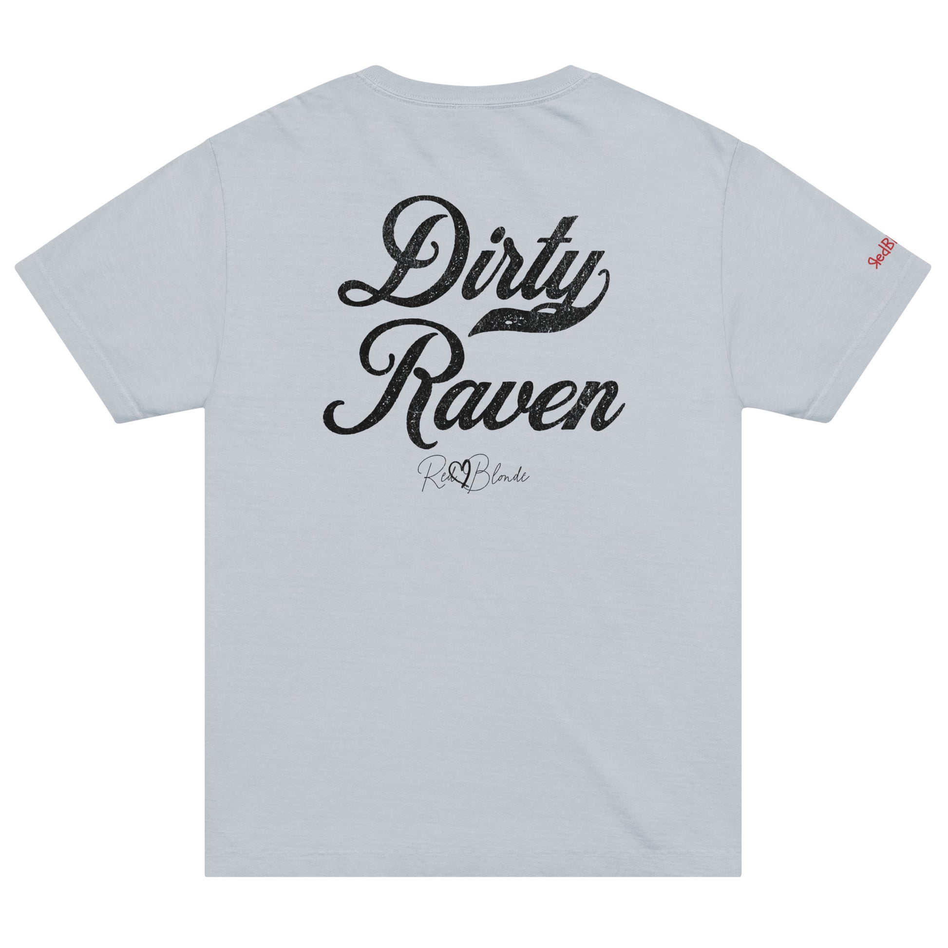 Back view of a pale blue vintage wash oversized unisex T-shirt with bold black Milkstore 01 vintage-style script reading “Dirty Raven” and the RedBlonde signature logo beneath, plus a small RedBlonde logo detail on the right sleeve. 