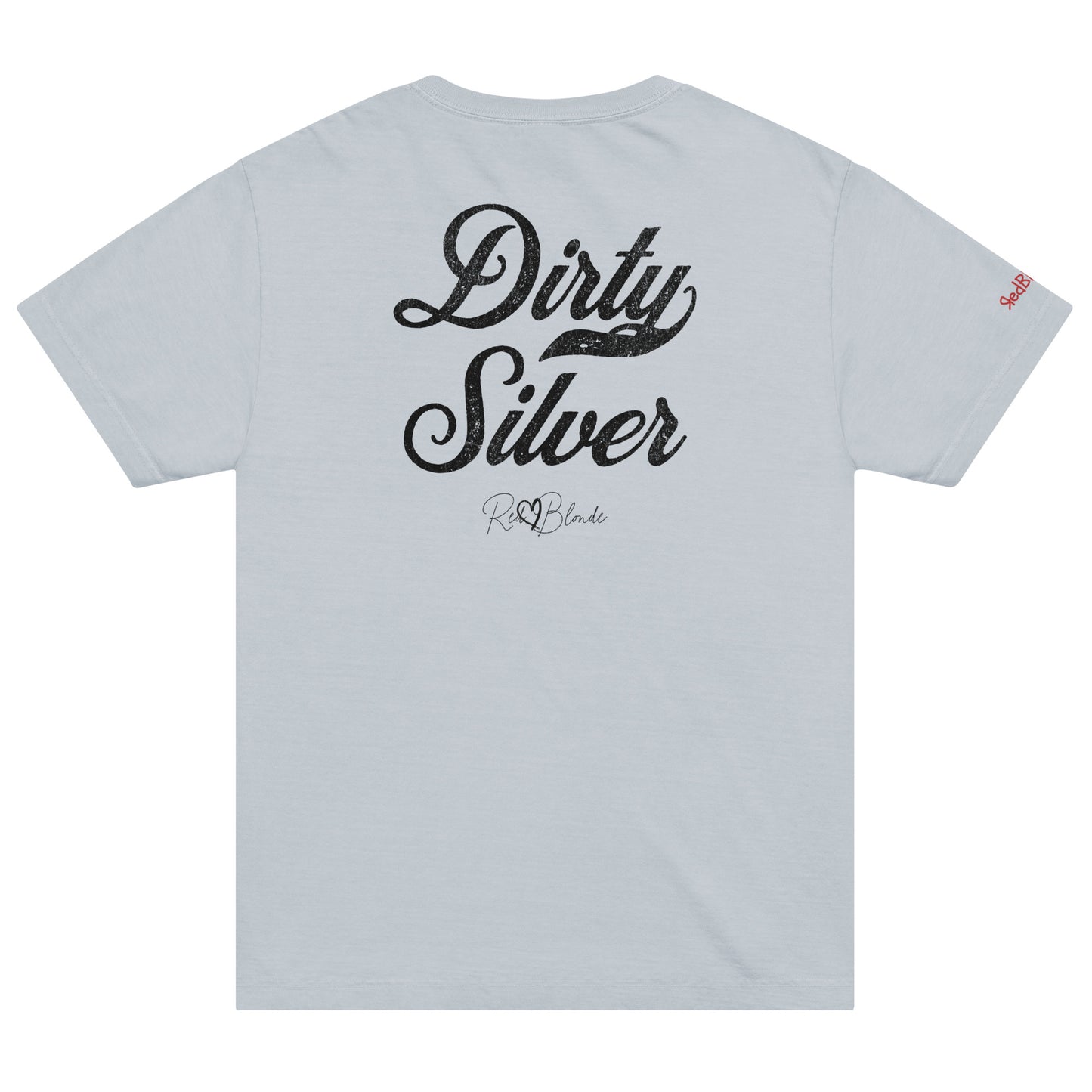 Back view of a pale blue vintage wash oversized unisex T-shirt with bold black Milkstore 01 vintage-style script reading “Dirty Silver” and the RedBlonde signature logo beneath, plus a small RedBlonde logo detail on the right sleeve. 