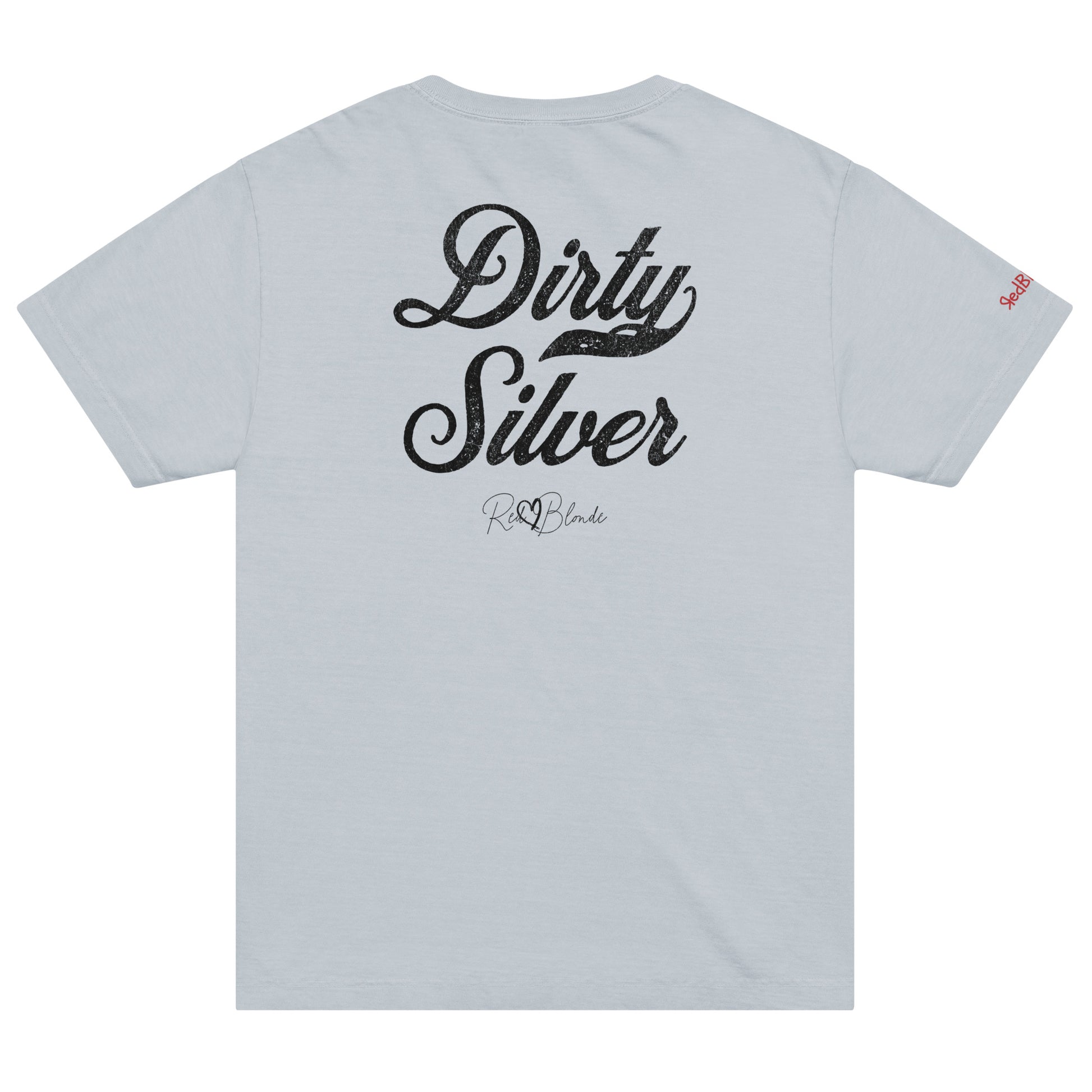 Back view of a pale blue vintage wash oversized unisex T-shirt with bold black Milkstore 01 vintage-style script reading “Dirty Silver” and the RedBlonde signature logo beneath, plus a small RedBlonde logo detail on the right sleeve. 