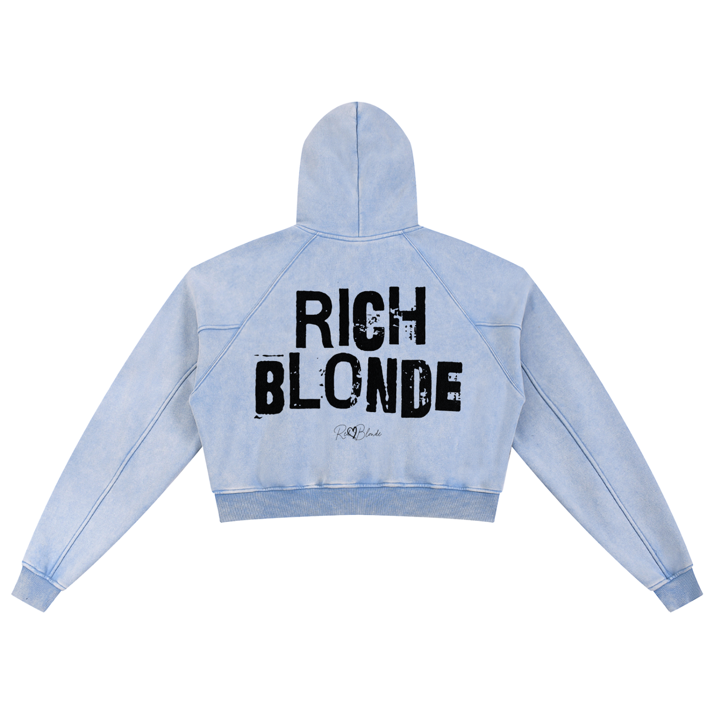 Back view of a cropped snow-wash pale blue hoodie with bold black “RICH BLONDE” Ed Gein font and the RedBlonde signature logo printed below.