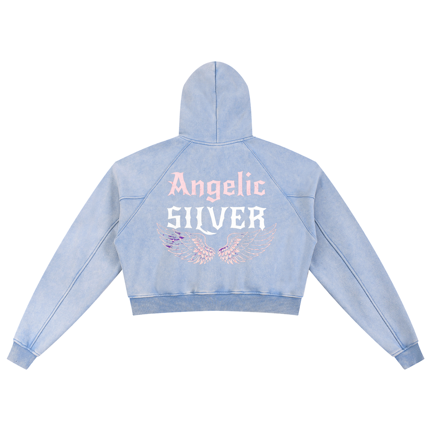 Back view of a pale blue cropped hoodie with hood up, featuring “Angelic Silver” New Rocker font text and iridescent angel wings graphic printed across the back on a white background.
