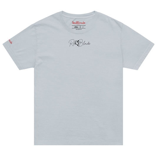 Front view of pale blue vintage wash oversized t-shirt with a small RedBlonde signature on the front. Branded RedBlonde on the inside neck and right sleeve