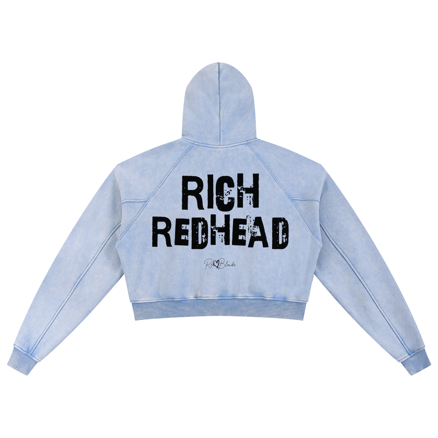 Back view of a cropped snow-wash pale Blue hoodie with bold black “RICH REDHEAD” Ed Gein font and the RedBlonde signature logo printed below.