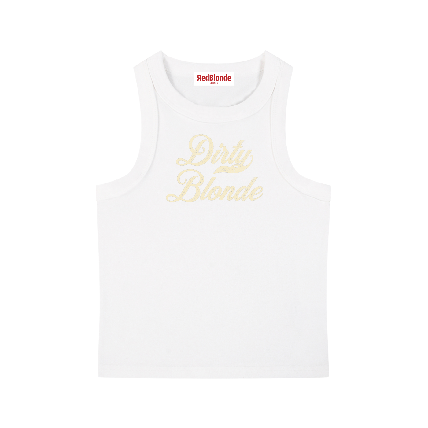 white snow-wash tank top with raw-edge seams and the phrase ‘Dirty Blonde’ printed in vintage Milkstore pale lemon blue font across the chest