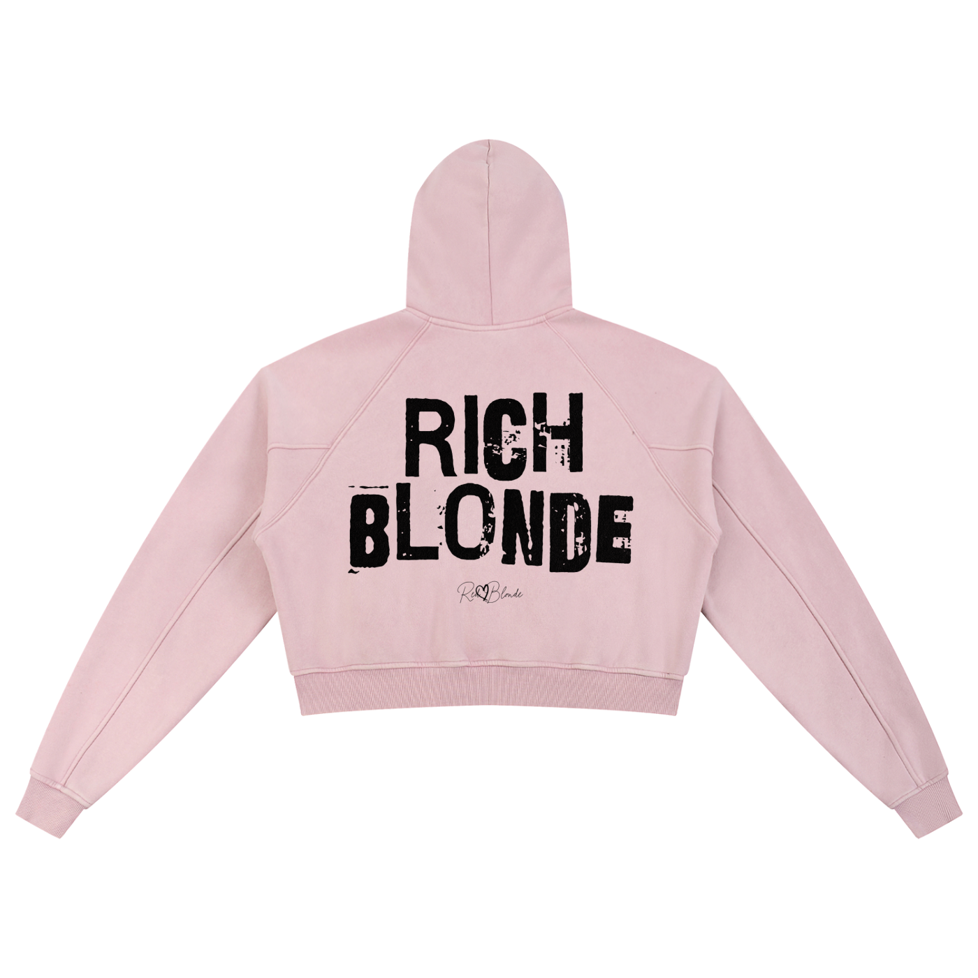 Back view of a cropped ice-wash pale pink  hoodie with bold black “RICH BLONDE” Ed Gein font and the RedBlonde signature logo printed below.