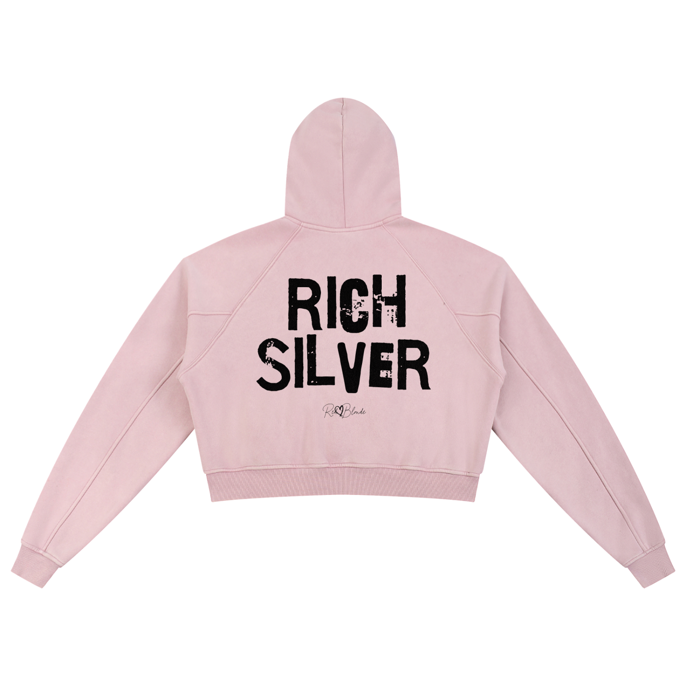Back view of a cropped snow-wash pale pink hoodie with bold black “RICH SILVER” Ed Gein font and the RedBlonde signature logo printed below.