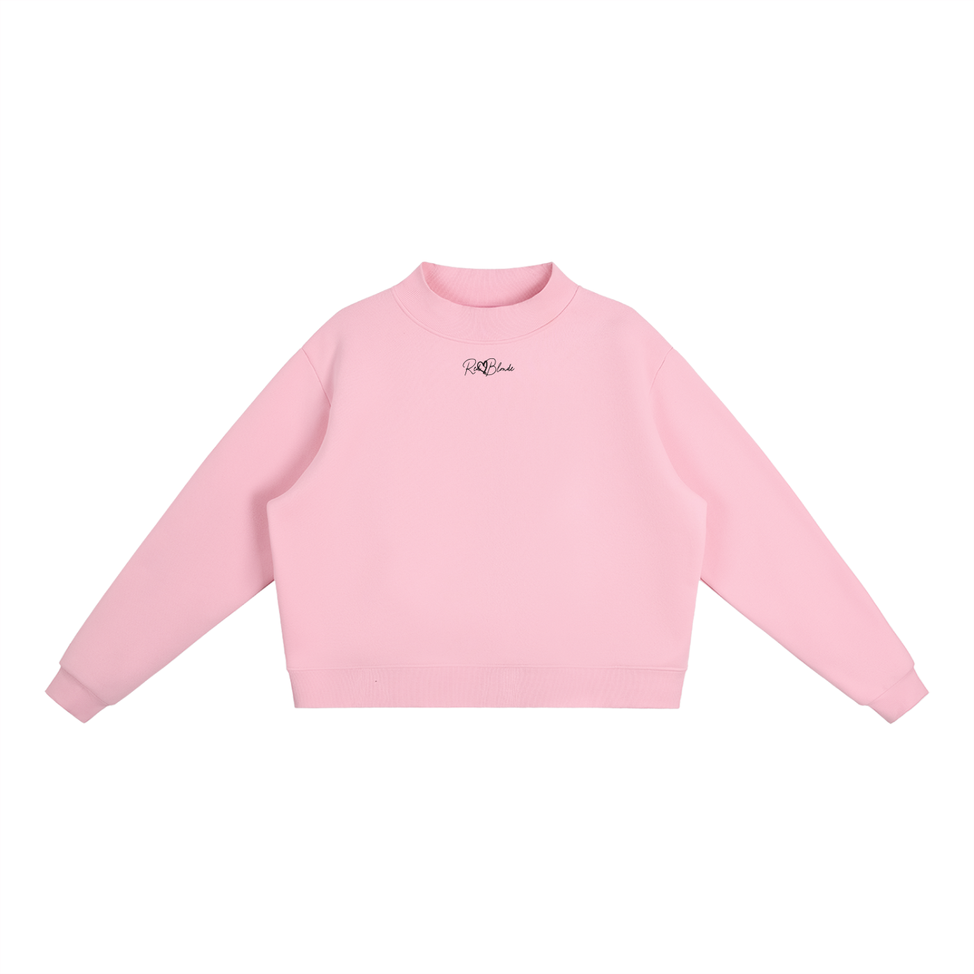 pale pink oversized mock-neck sweatshirt with long sleeves, ribbed cuffs and hem, and a small RedBlonde logo printed at the centre chest.