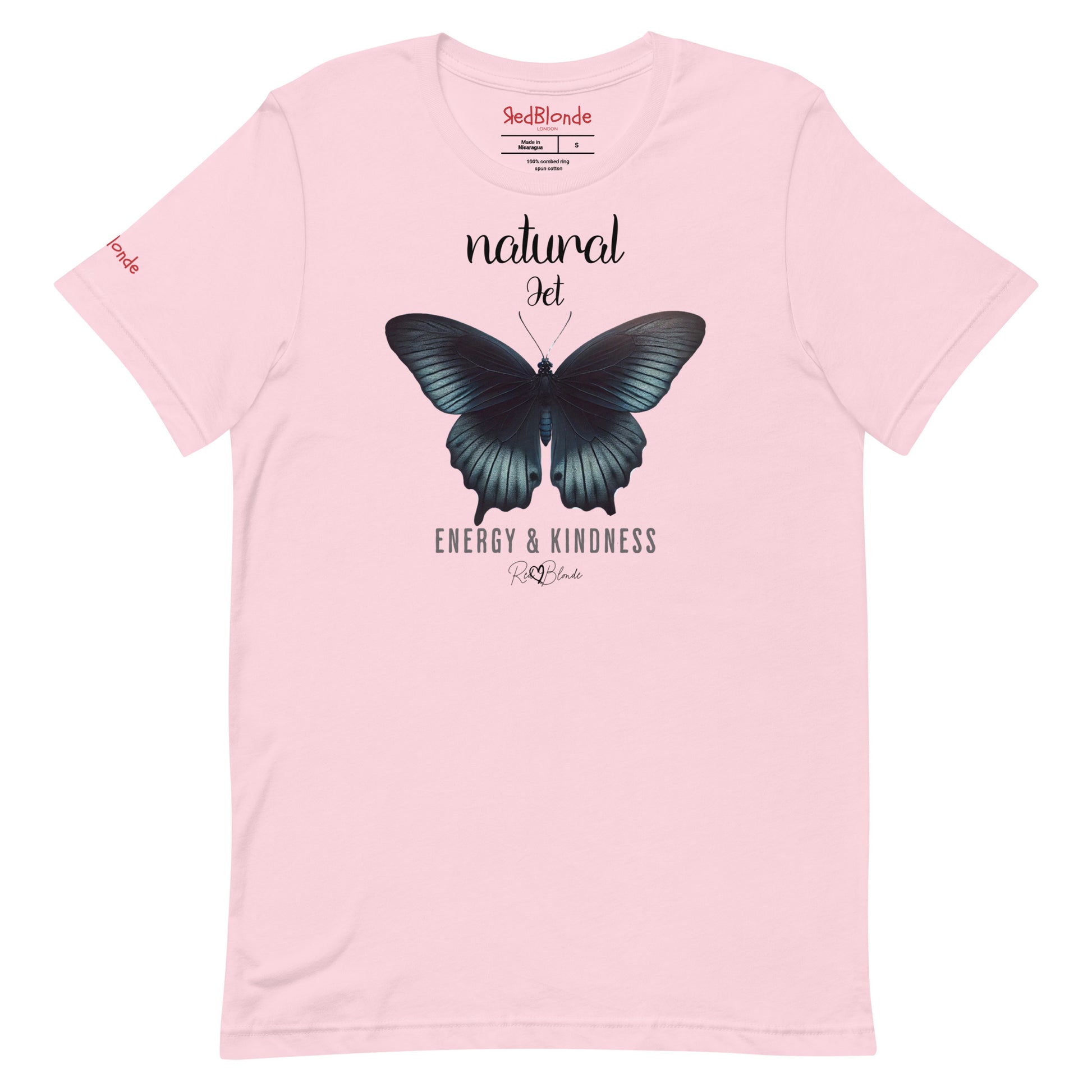 Flatlay of pale pink unisex relaxed fit t-shirt with the words natural Jet in arionna font above a graphic of a black butterfly with 'ENERGY & KINDNESS' below in  adventurer 06 font signed off by RedBlonde. Branded RedBlonde London on inside neck and right sleeve