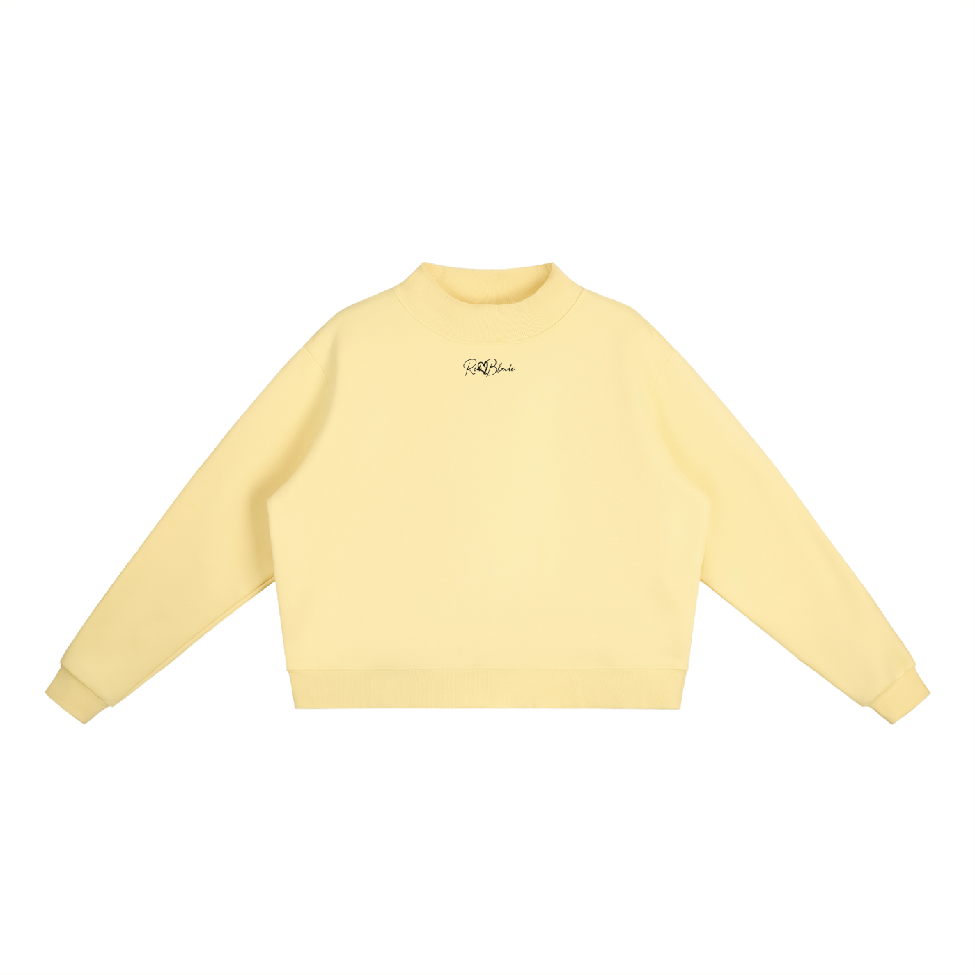 Pale yellow oversized mock-neck sweatshirt with long sleeves, ribbed cuffs and hem, and a small RedBlonde logo printed at the centre chest.