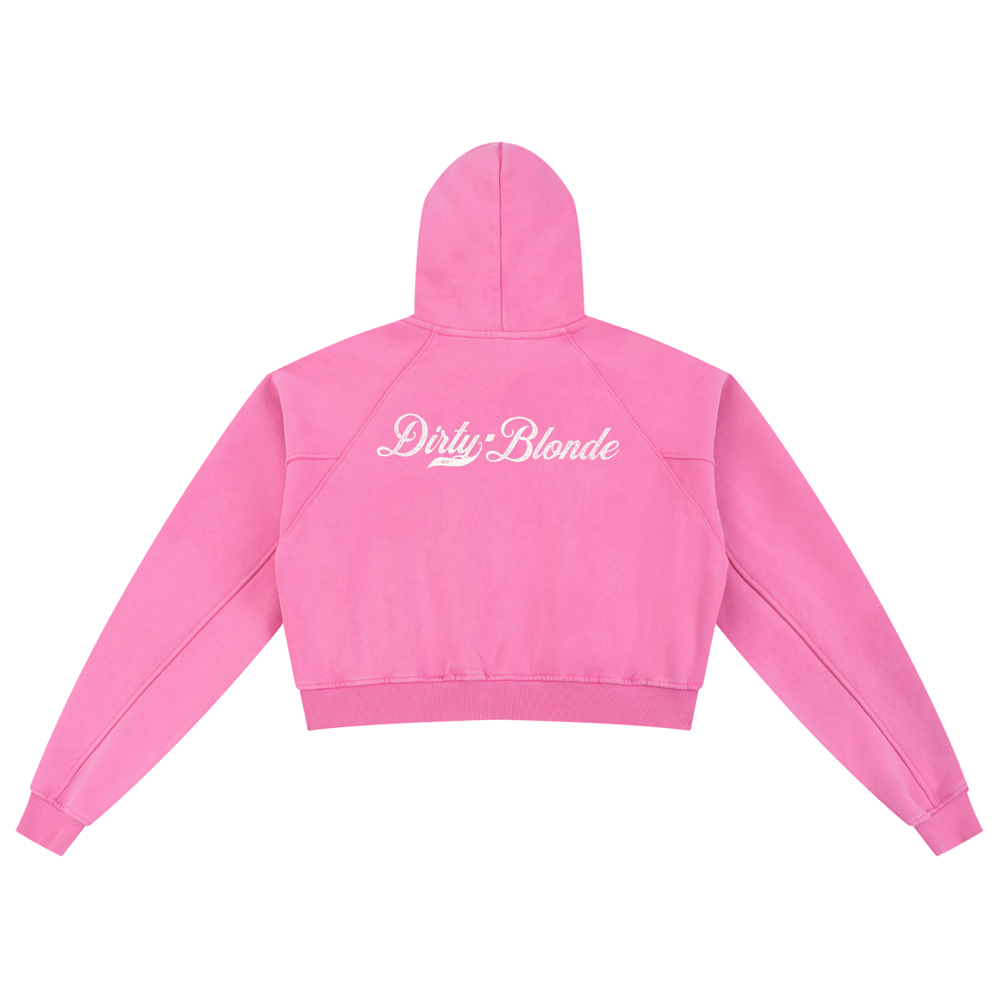 Bright pink cropped hoodie with long sleeves and a hood, featuring a white Dirty Blonde Milkstore script logo printed across the upper back.