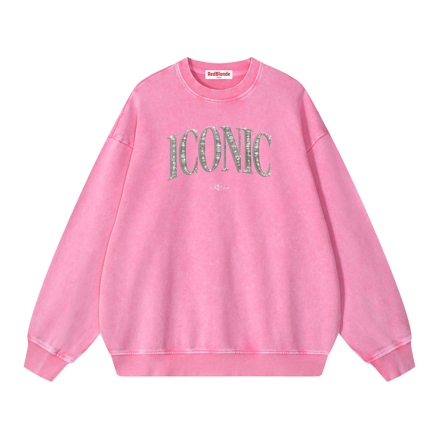 RedBlonde oversized acid-wash sweatshirt in pink with diamanté-effect "ICONIC" graphic print on the chest and RedBlonde script logo beneath, crew neck, ribbed cuffs and hem