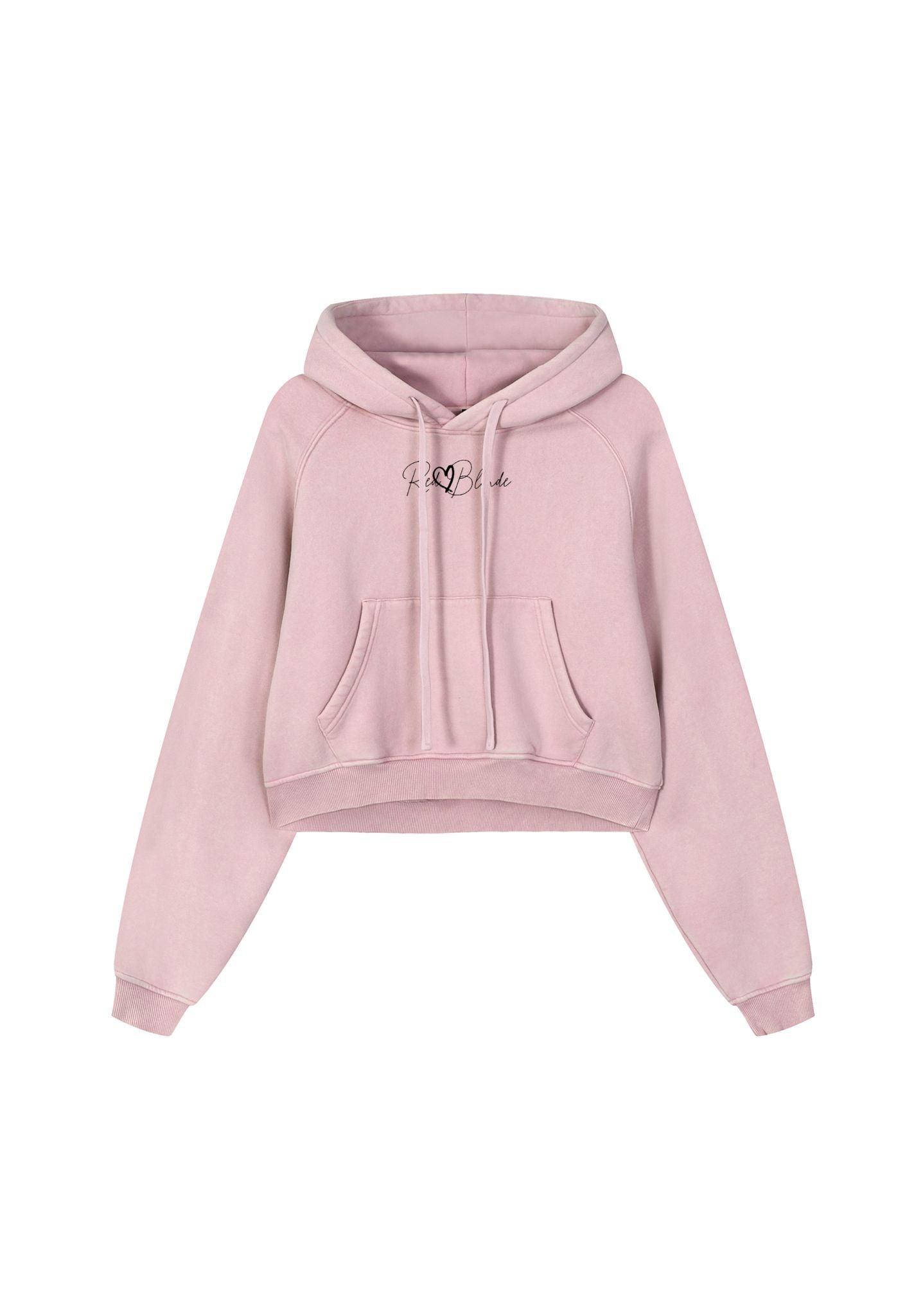 Front view of a cropped snow-wash pale pink hoodie with the RedBlonde signature logo printed on the chest.