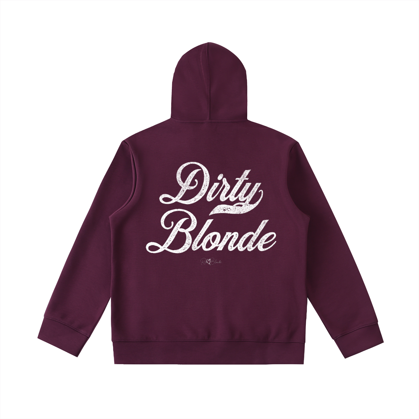 Back view of a plum coloured hoodie with bold white Milkstore vintage-style script text “Dirty Blonde” across the back and a subtle RedBlonde signature logo underneath.